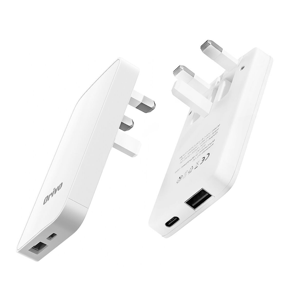 Chargeur mural plat ultra-mince Orivo USB-C/A, prise multi-ports 20 W, charge rapide Type C pour iPhone 16/15/14 Pro Max, téléphones mobiles Samsung Galaxy, adaptateur de voyage double port britannique (blanc)