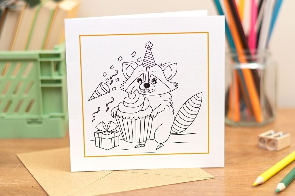Kids Colouring Party Raccoon Colouring In Greeting Card