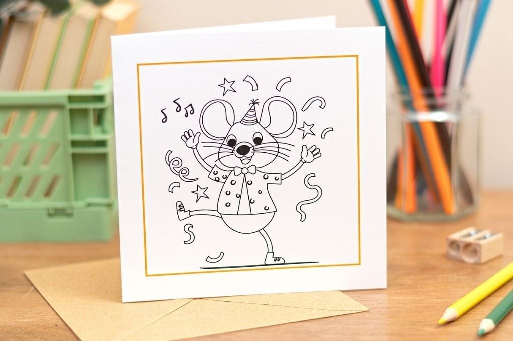 Kids Colouring In Party Mouse Colouring In Greeting Card