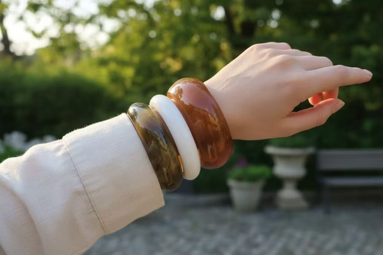 Resin bangle bracelets in organic shapes, chic colors