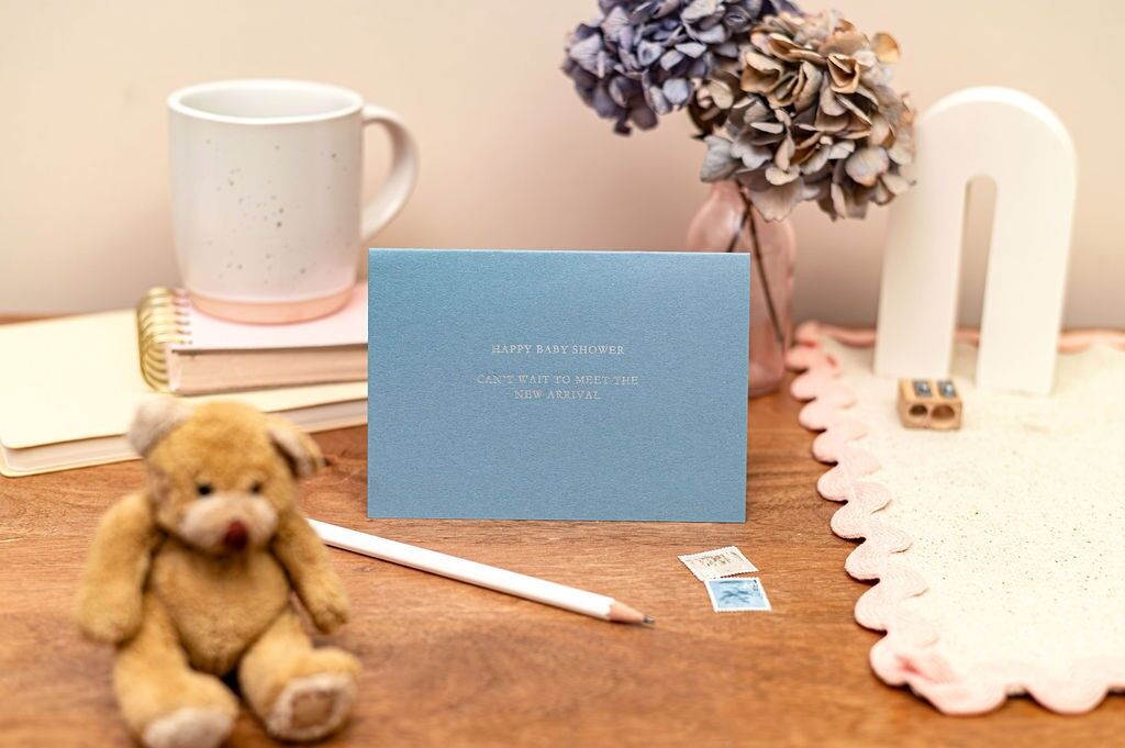 Letterpress-Karte A6 zur Babyparty – Blau