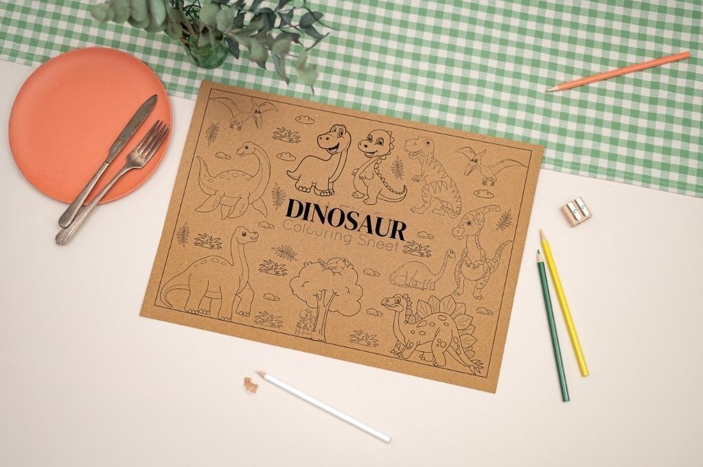Hoja Kraft con actividades para colorear de dinosaurios para niños