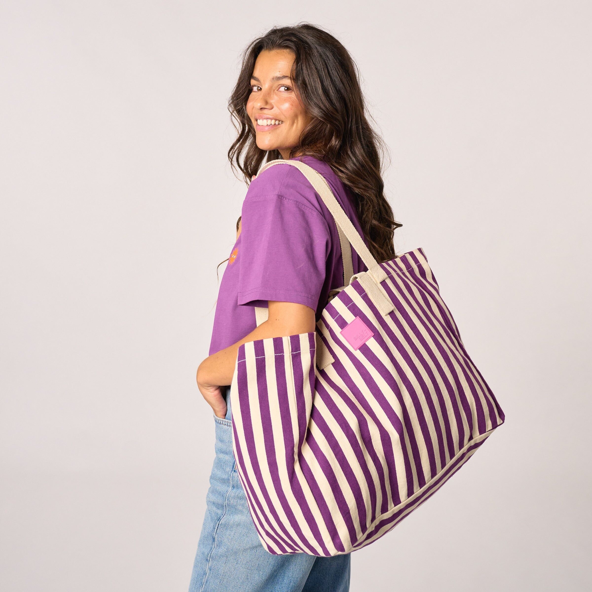 Borsa tote in 100% cotone biologico - A righe, viola ed ecrù