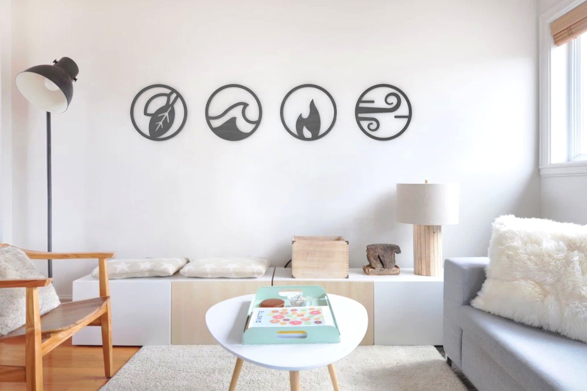 Four Elements Wood Wall Art, Norse Wall Décor, Four Elements Symbol, Round Home Décor