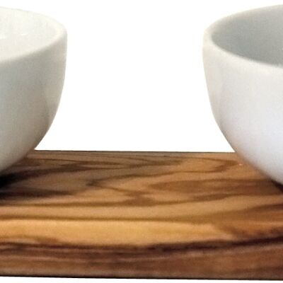 2 cuencos de porcelana sobre base de madera de olivo