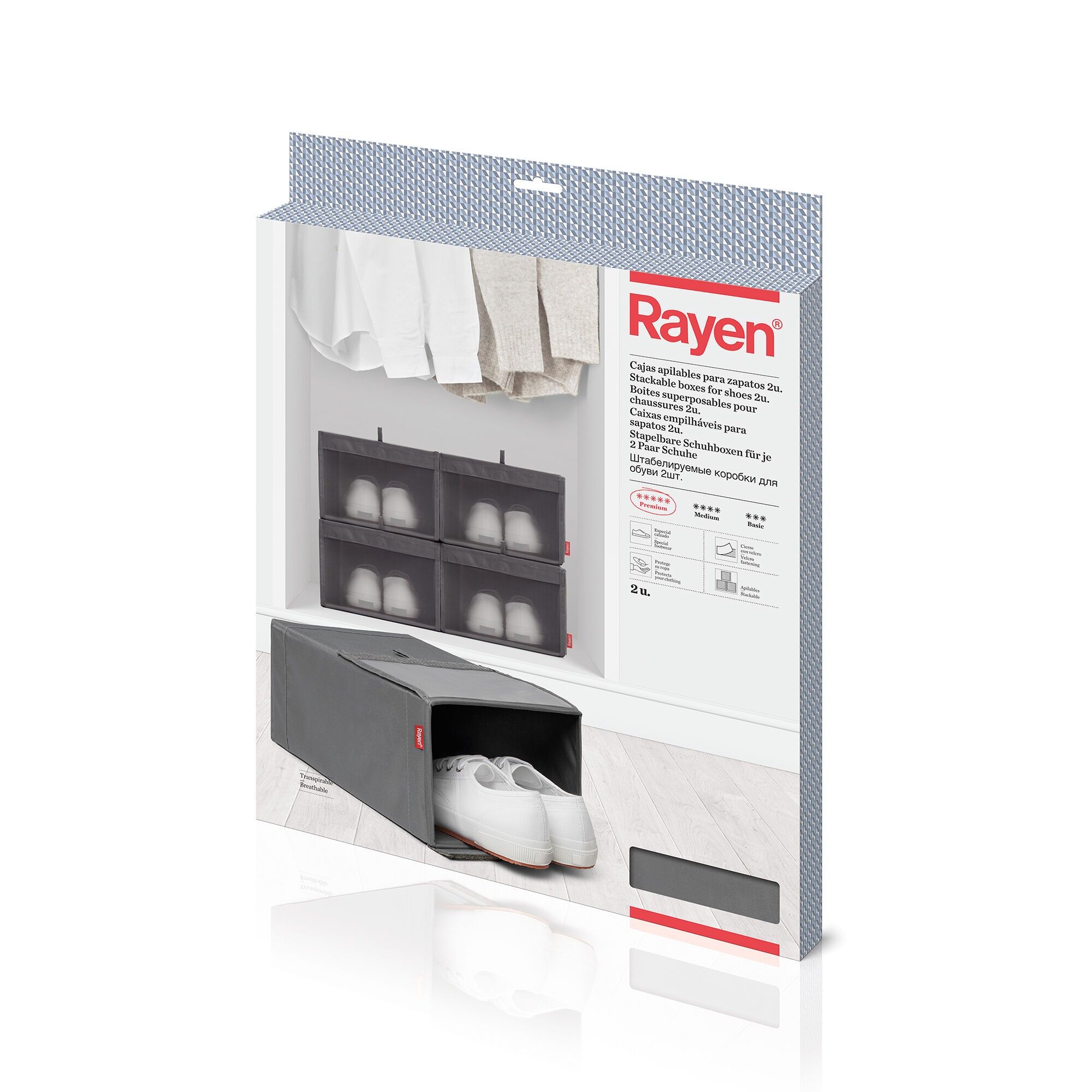 Rayen Schuhkartons | 2er-Pack | Klettverschluss | Stapelbar | Premium-Sortiment | Maße: 45 x 35.5 x 4 cm, Polyester, Grau, Medidas: 23 x 34 x 16 cm 2233. 01