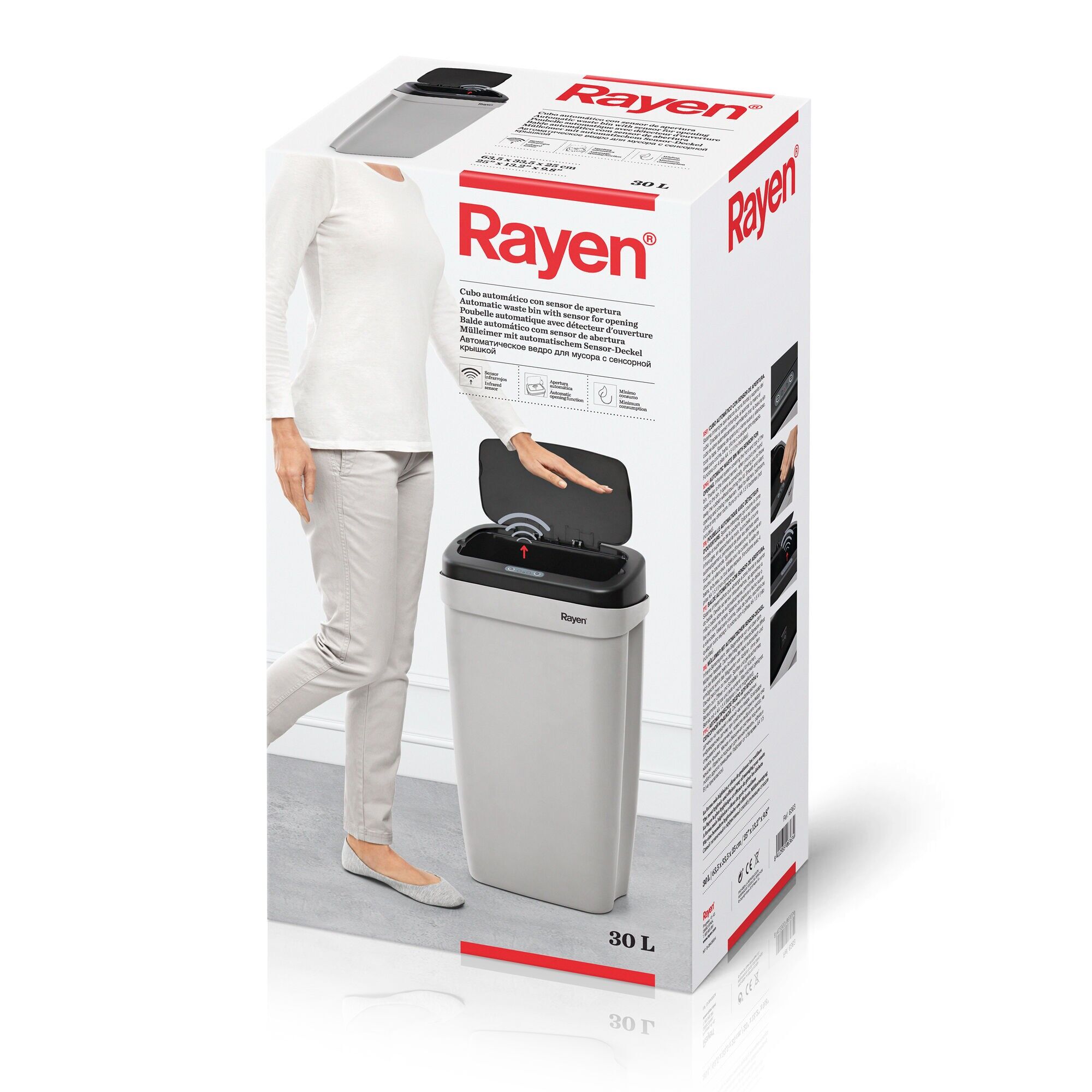 Rayen - Küchenabfalleimer mit automatischem Öffnungssensor. Idealer Abfalleimer für Büro oder Küche. Recyclingbehälter. 30 Liter. 63.5 x 33.5 x 25 cm.Grau/Schwarz