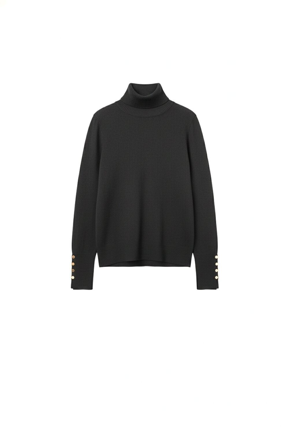 Maglione dolcevita nero con bottoni dorati sul polsino