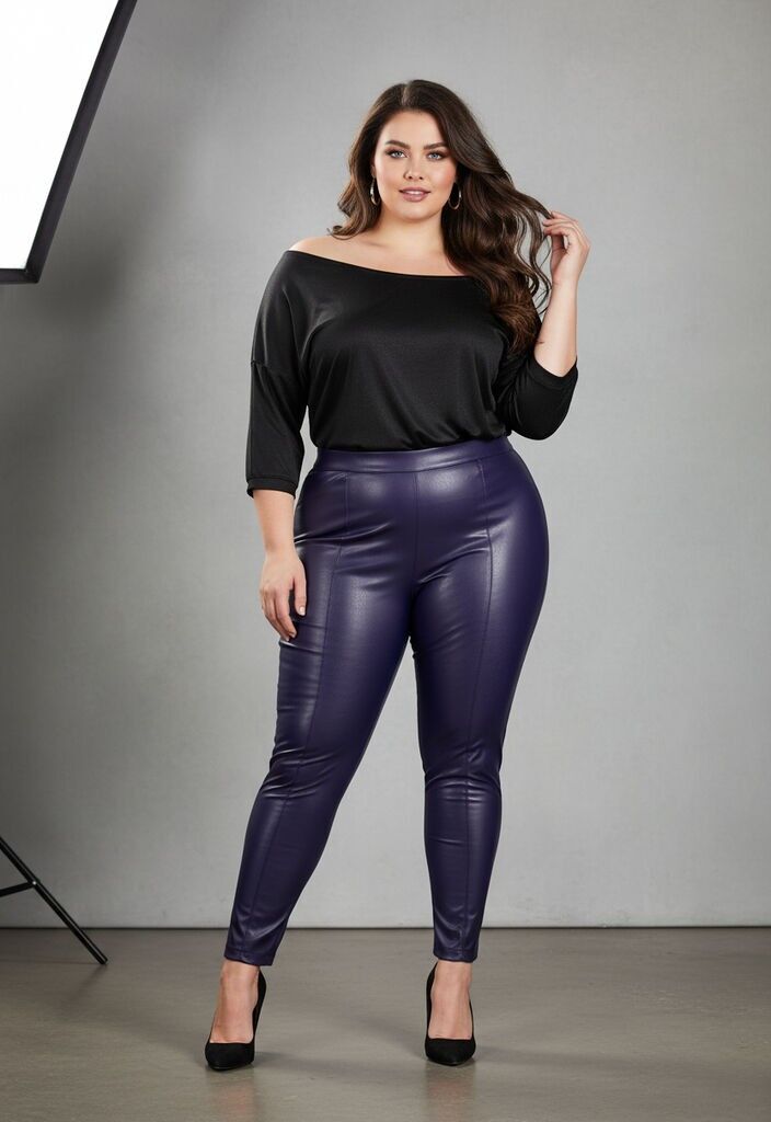 Legging grande taille en similicuir bleu coupe slim (B306)