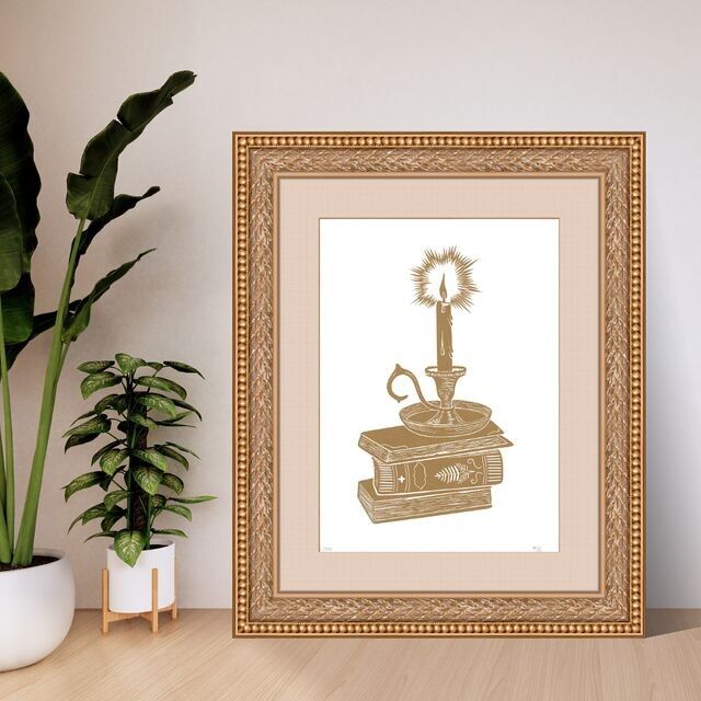 Linograbado "Bougeoir" – Impresión artesanal A4 con encre dorado sobre papel blanco y negro