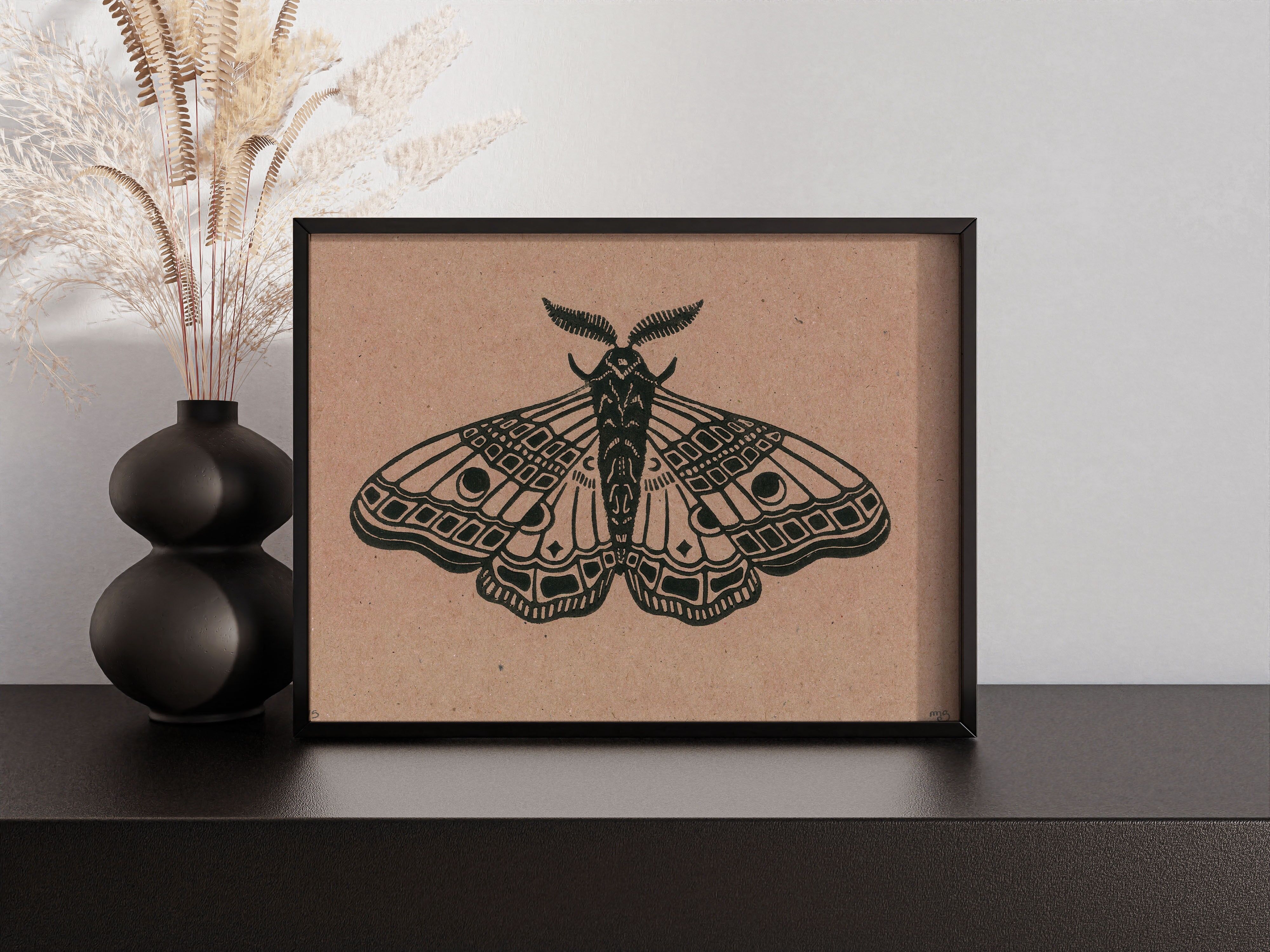 Linograbado « Papillon de Nuit » – Impresión artesanal A5 paysage en deux coloris