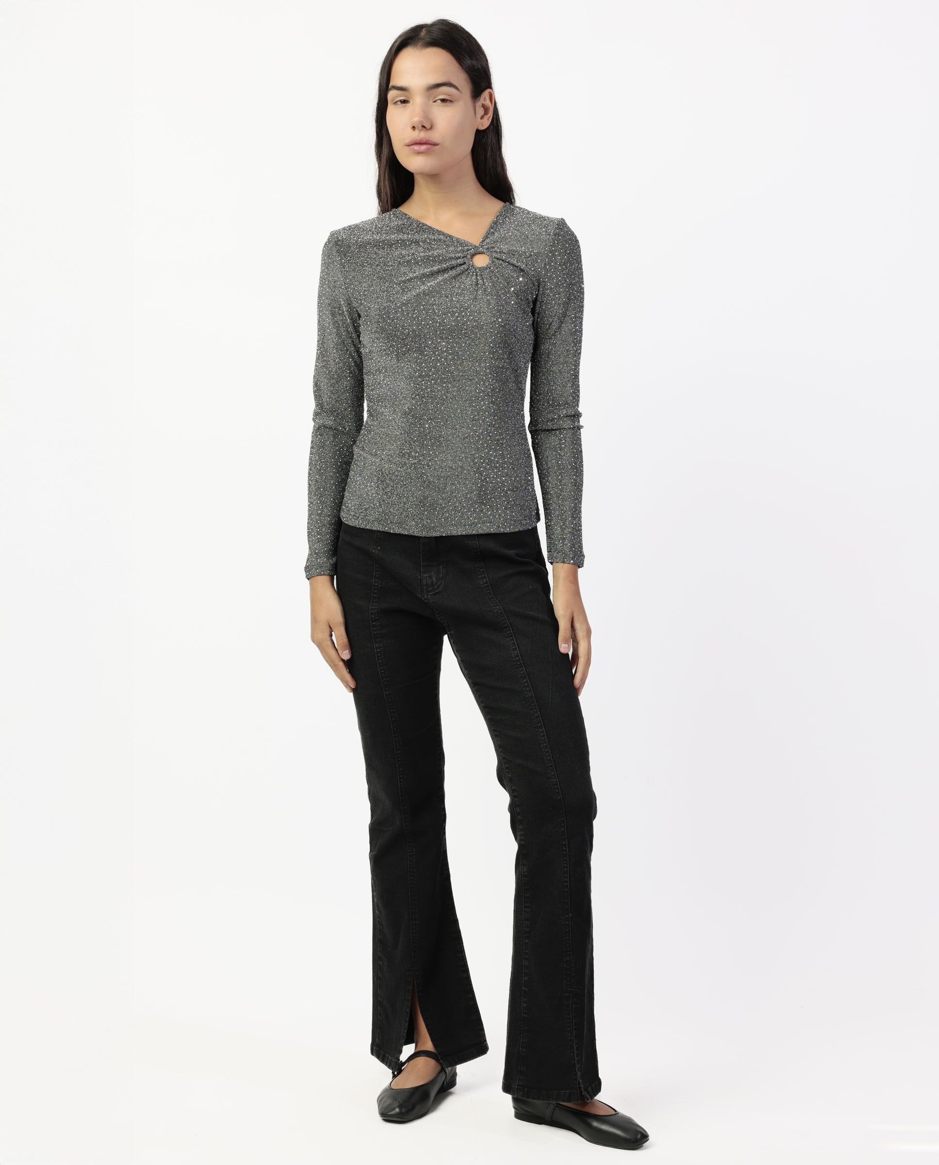 ADMAS Damen Asymmetrisches Langarm-T-Shirt mit Edelsteinen