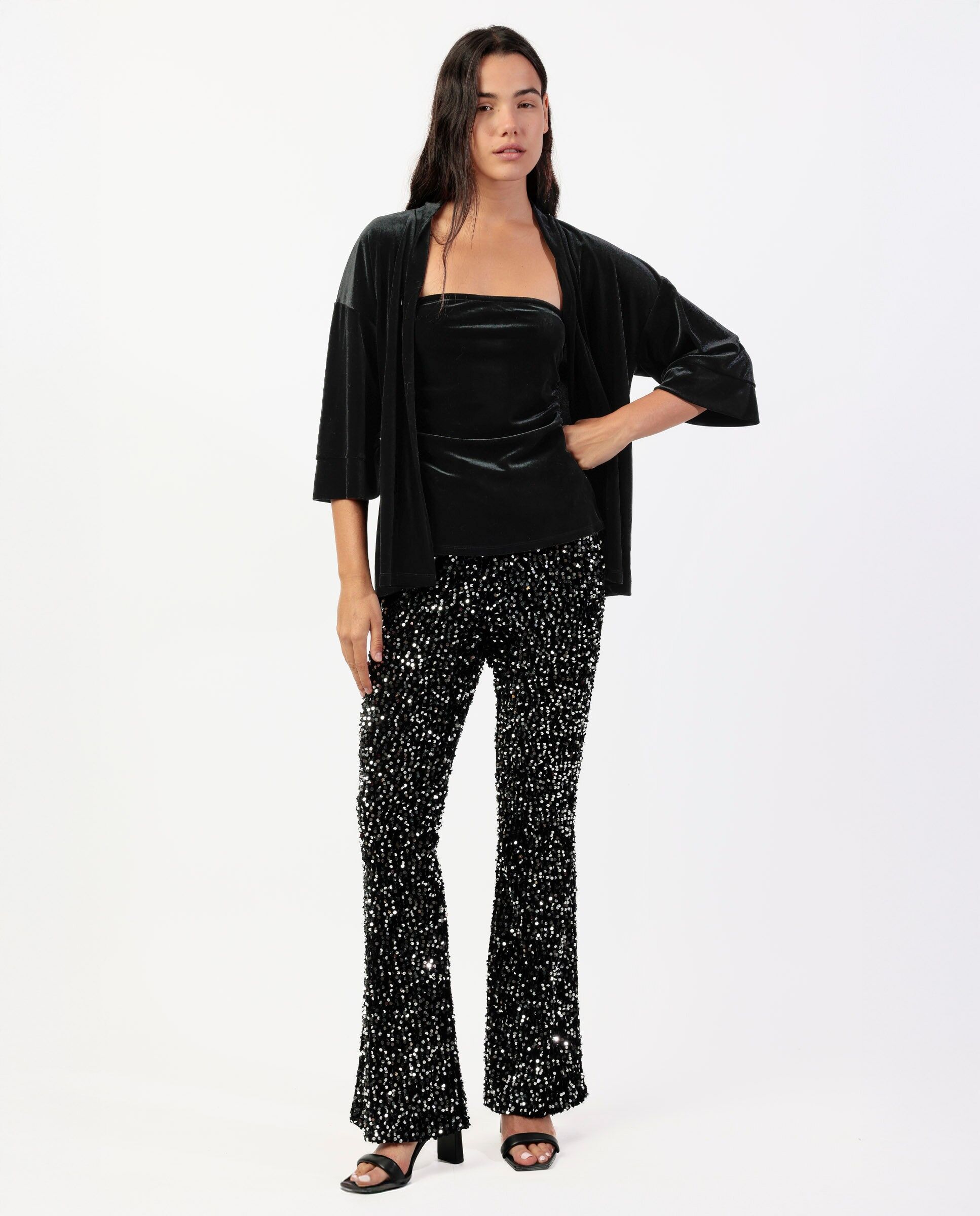 ADMAS Damen-Kimono mit langen Ärmeln aus Velours und Spitze