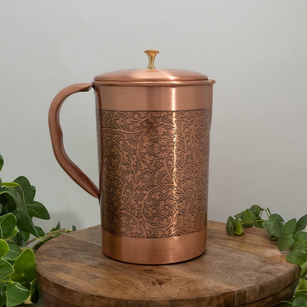 Reiner Kupferkrug mit Blumenmuster und Deckel, ca. 2 Liter