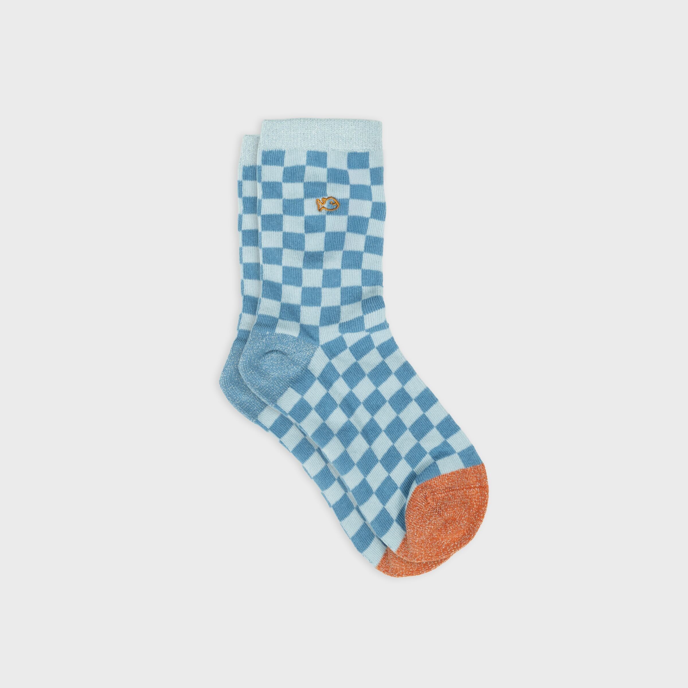 Checkered combed cotton socks - Light blue