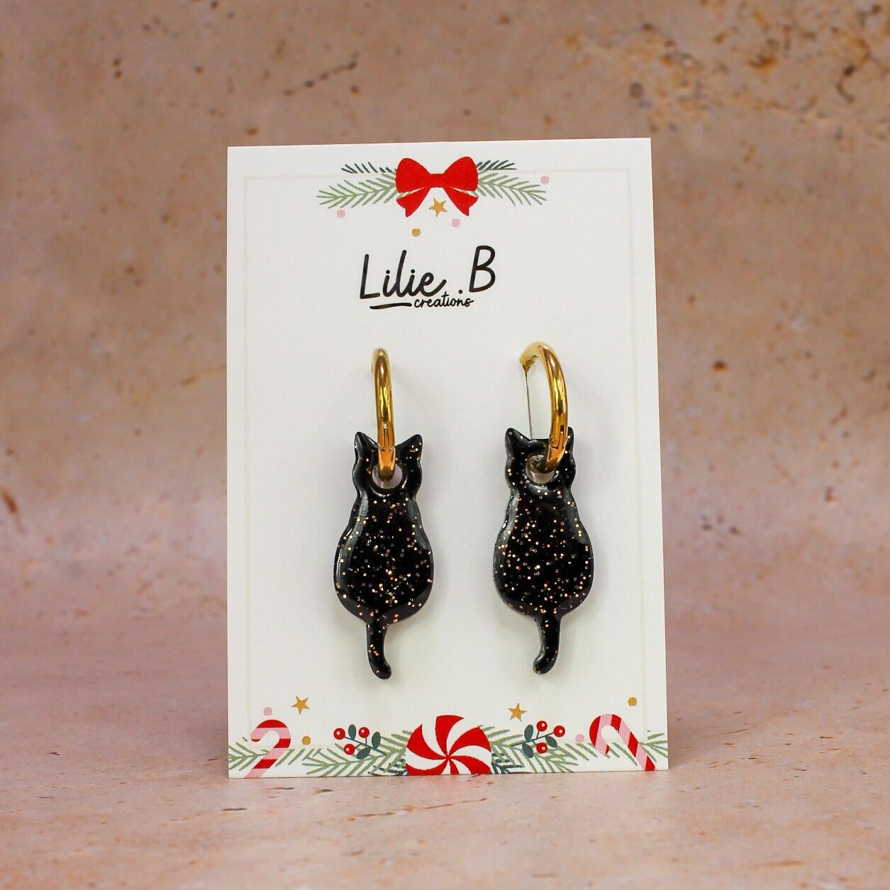 Boucles d'oreilles Pampilles chat noir et or