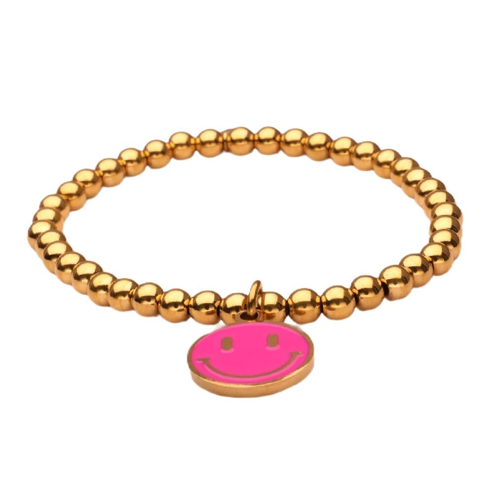 Pulsera LizzyMae de acero inoxidable - dorado y fucsia sonriente