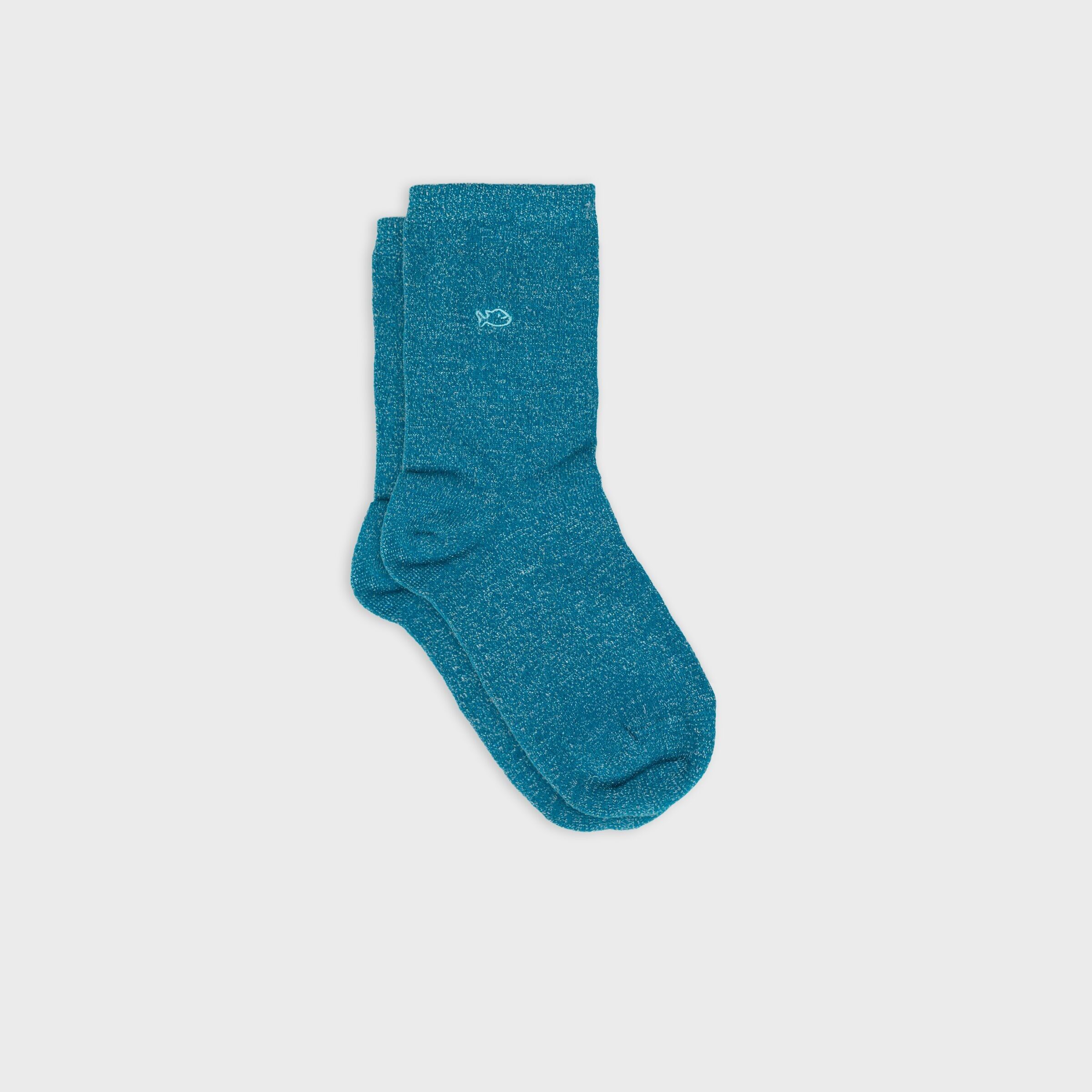Solid color combed cotton glitter socks - Duck blue