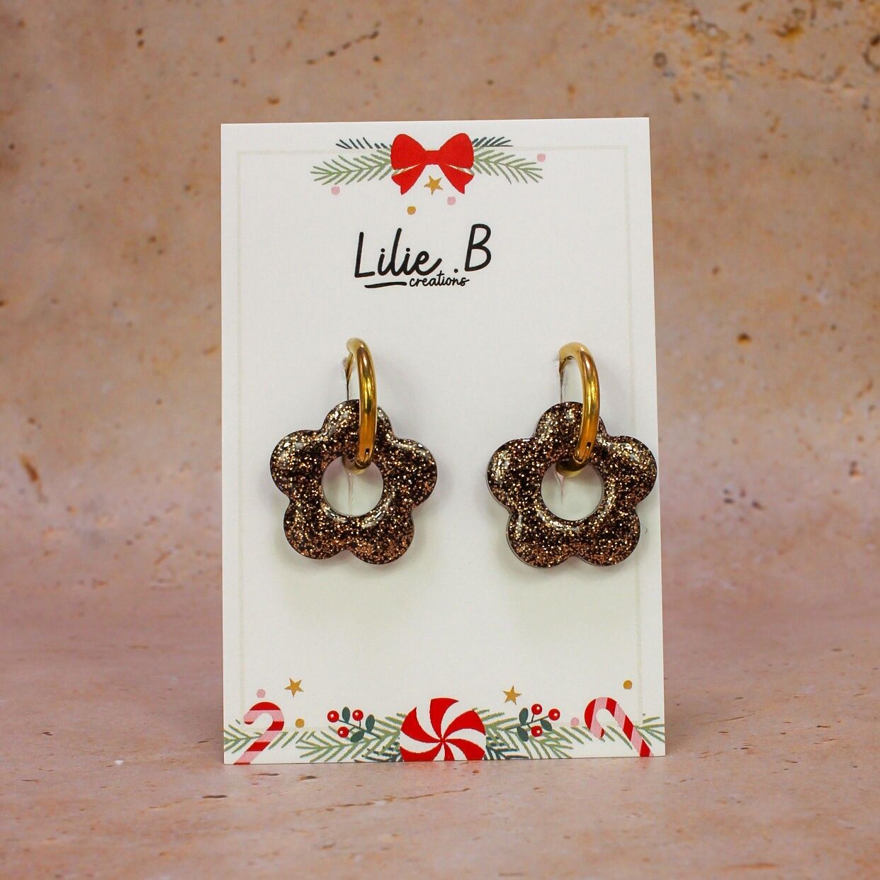 Boucles d'oreilles Pampilles Fleurs paillettes marroni