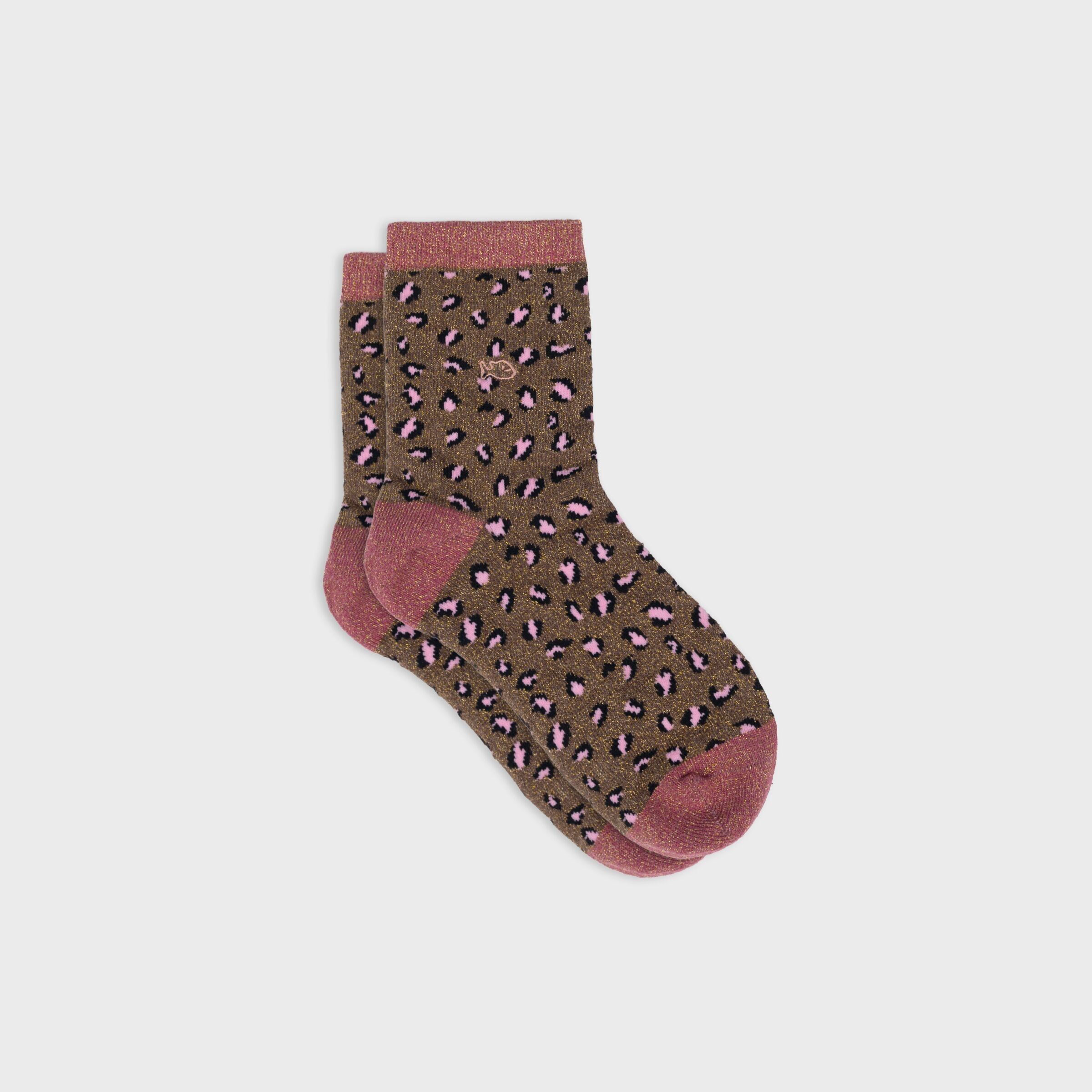 Leopard print glitter socks in combed cotton - Brown and pink