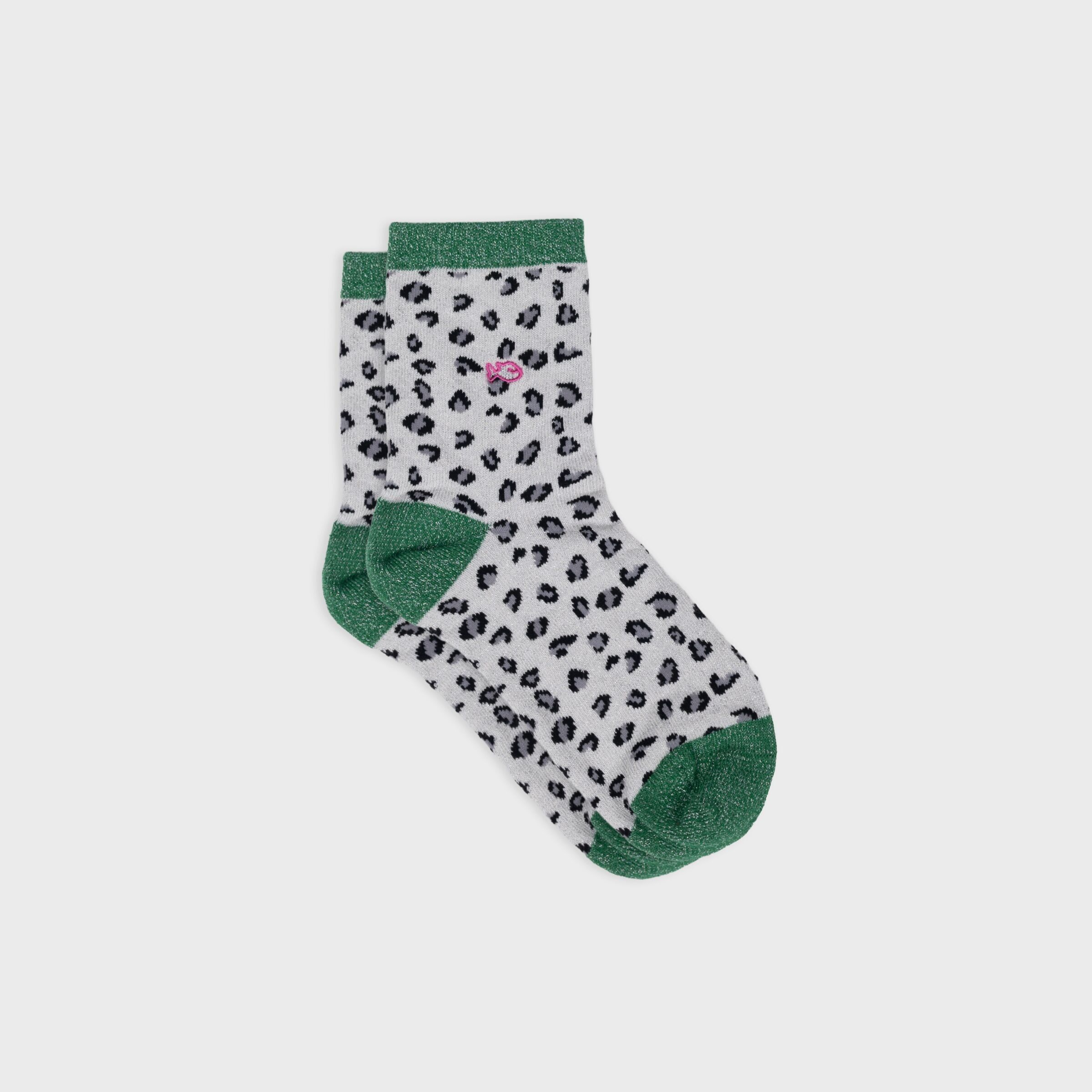 Leopard print combed cotton glitter socks - White and green