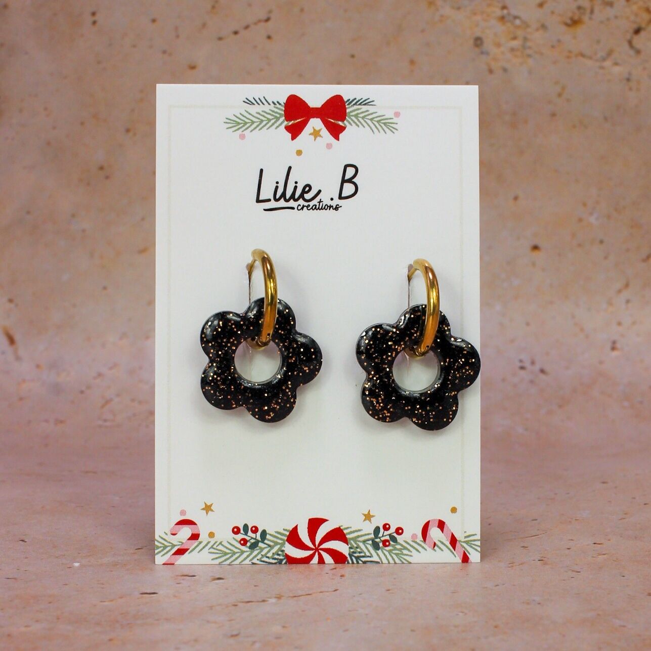 Boucles d'oreilles Pampilles Fleurs noir et or
