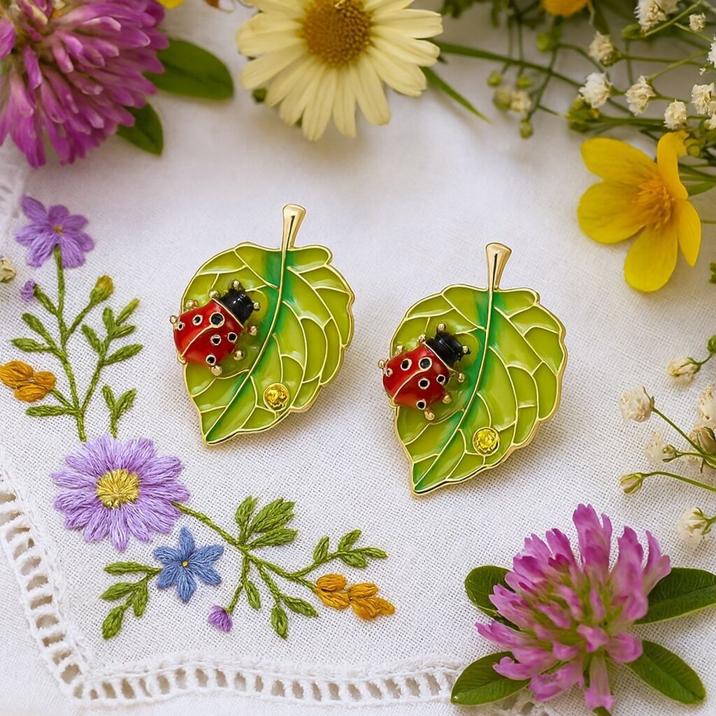 Ladybug Earrings on a Green Leaf
