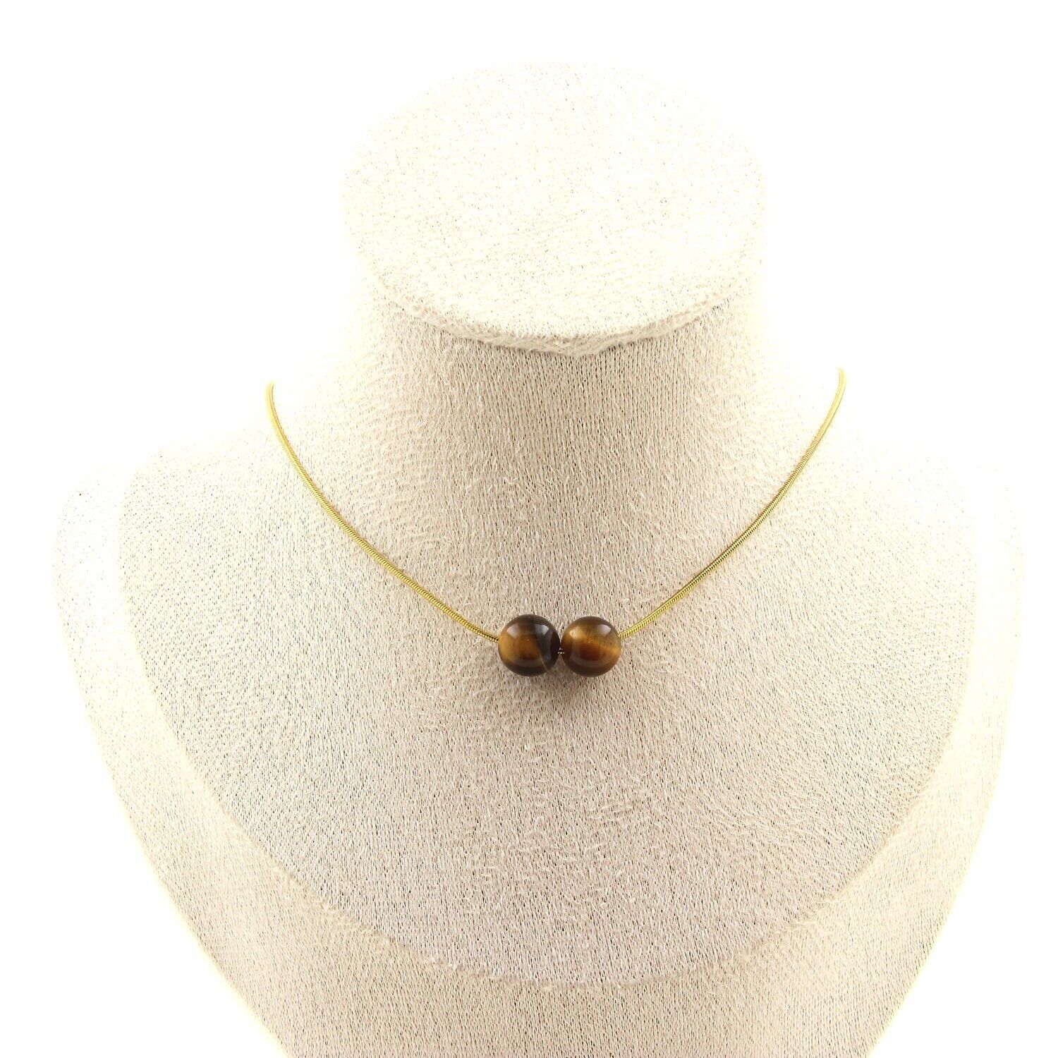 Collana con 2 perle di occhio di tigre, 8 mm, catena in acciaio inossidabile dorato. Fatto in Francia