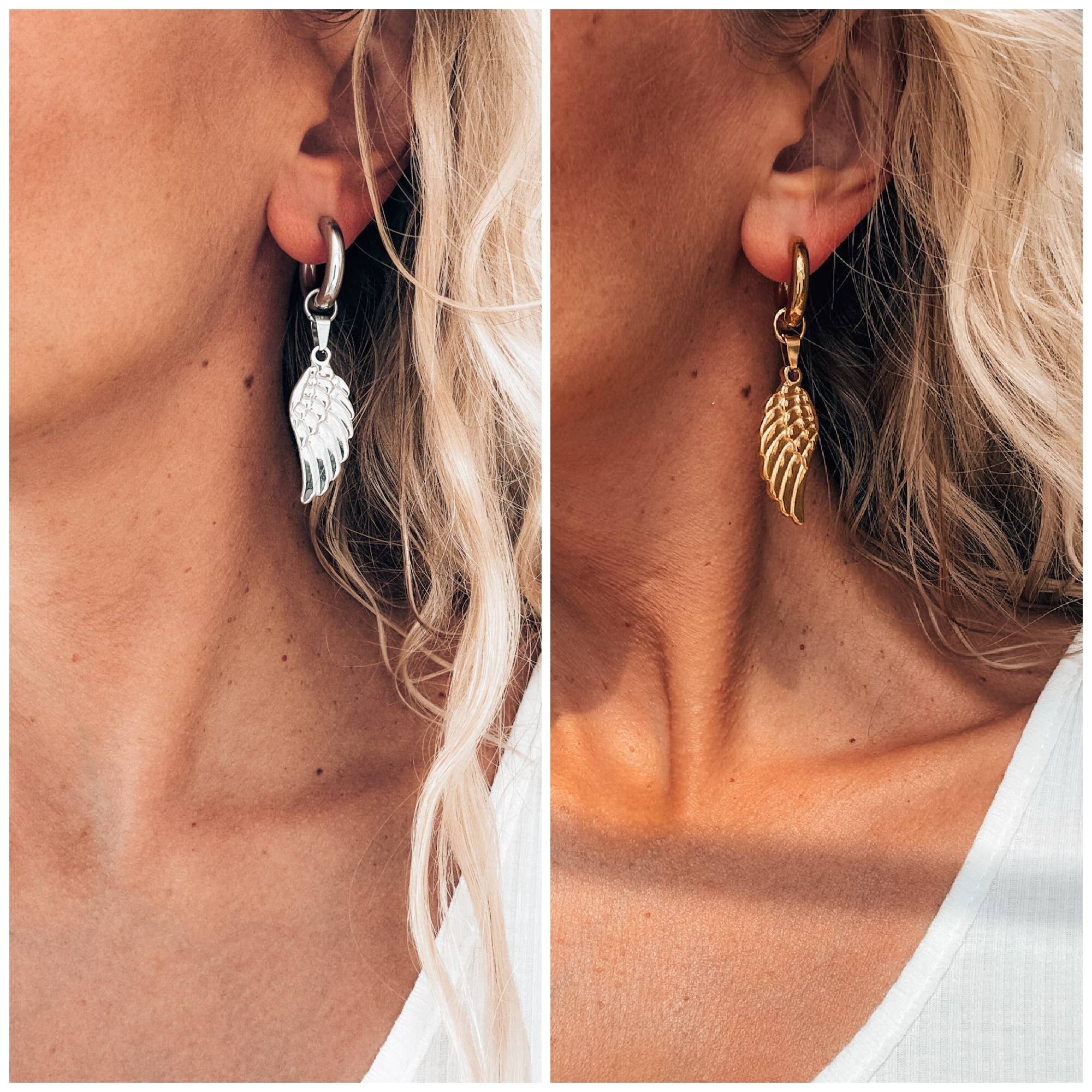 Pendientes de aro gruesos con alas de ángel en oro y plata