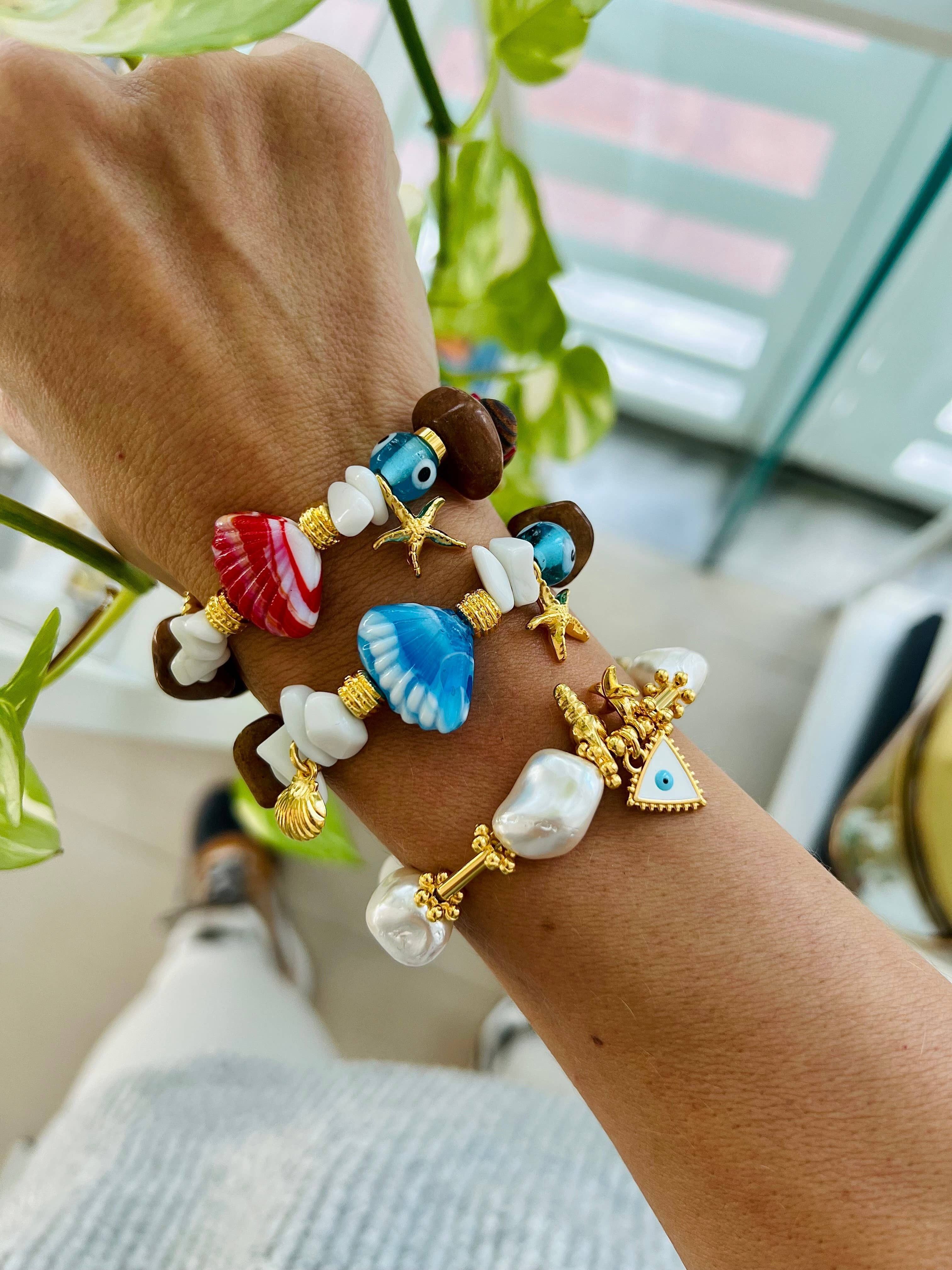 Scallop shell bracelets, pearl bracelet with eye