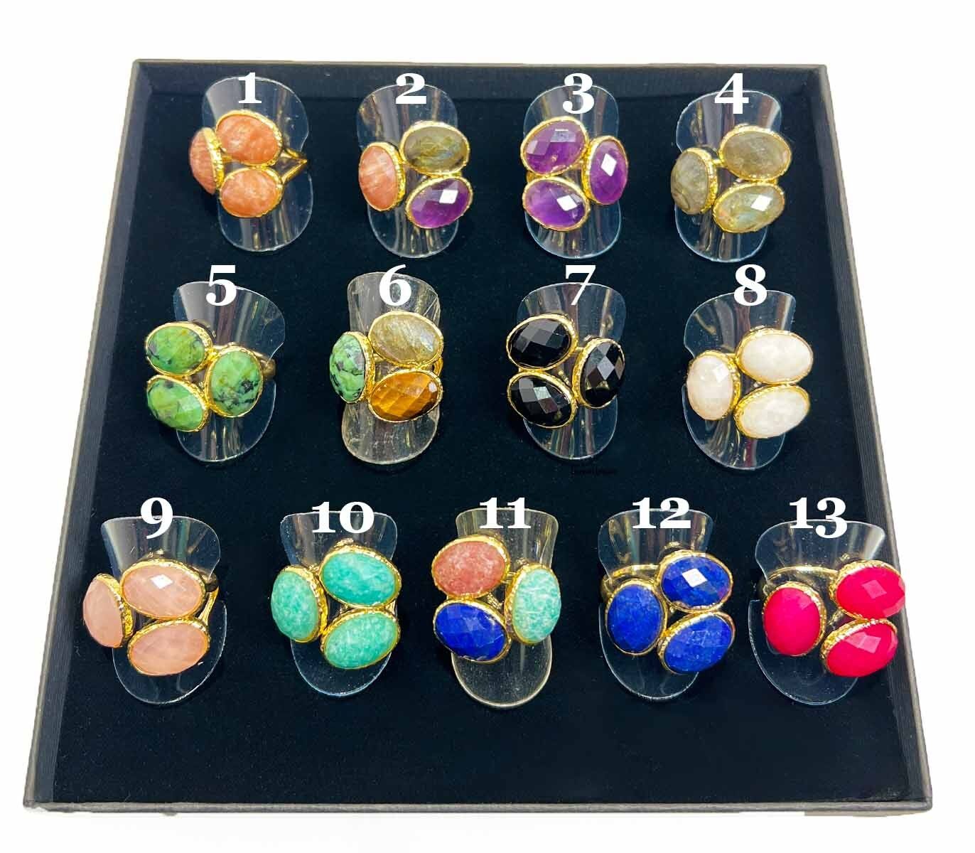 Trio di anelli in pietra naturale - Ottone 14K di alta qualità