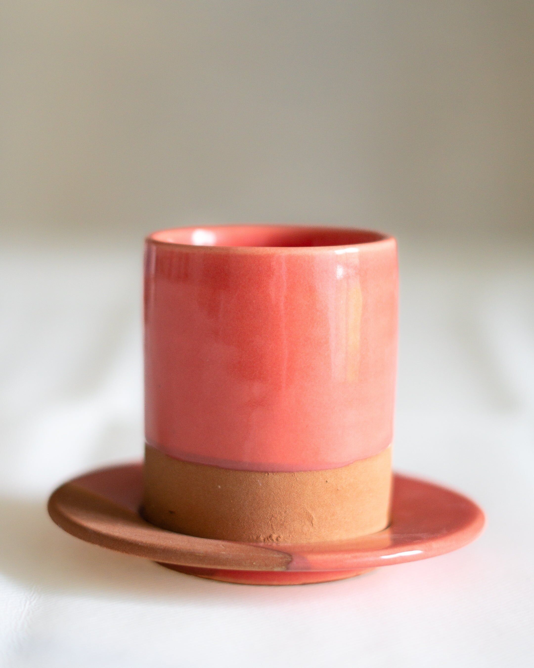 Handmade terracotta coffee cup in salmon coral, 6cm
