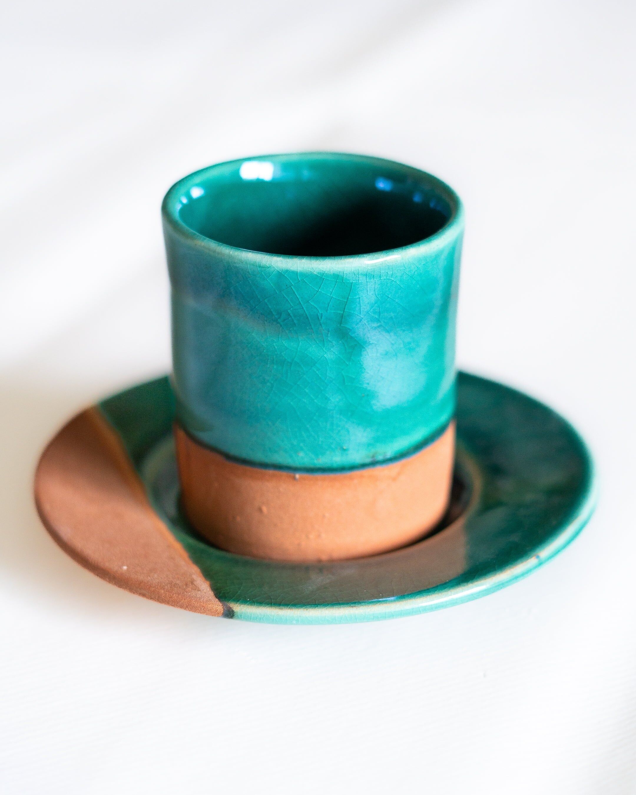 Green terracotta bottle-shaped coffee cup, handmade, 6cm