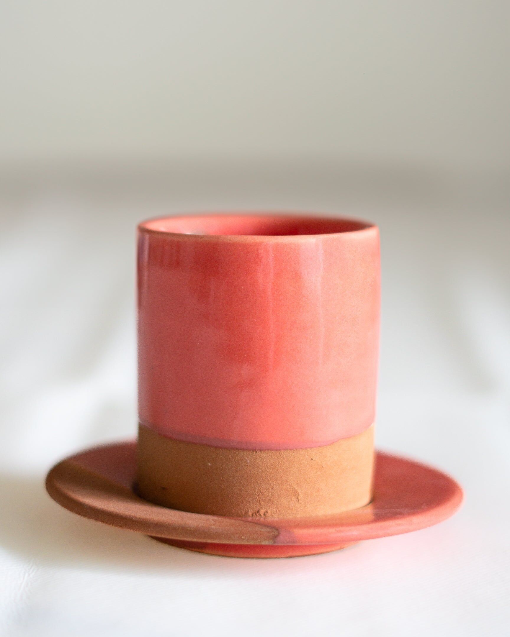 Handmade terracotta coffee cup, salmon coral color, 8cm