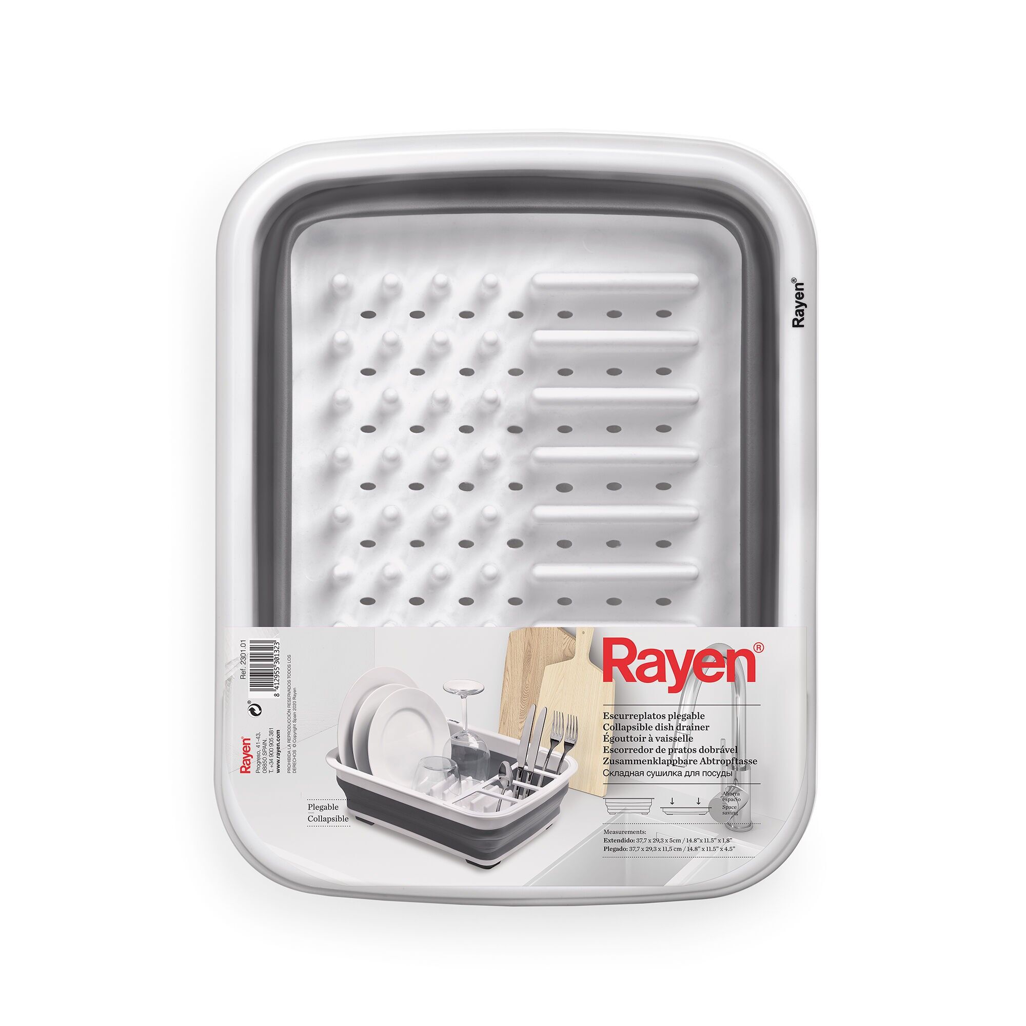 Rayen | Faltbarer Geschirrständer | Effiziente Organisation | Platzsparend | Abflusslöcher | Rutschfeste Füße | Abmessungen: Ausgezogen: 37.7 x 29.3 x 11.5 cm. Zusammengefaltet: 37.7 x 29.3 x 5 cm.