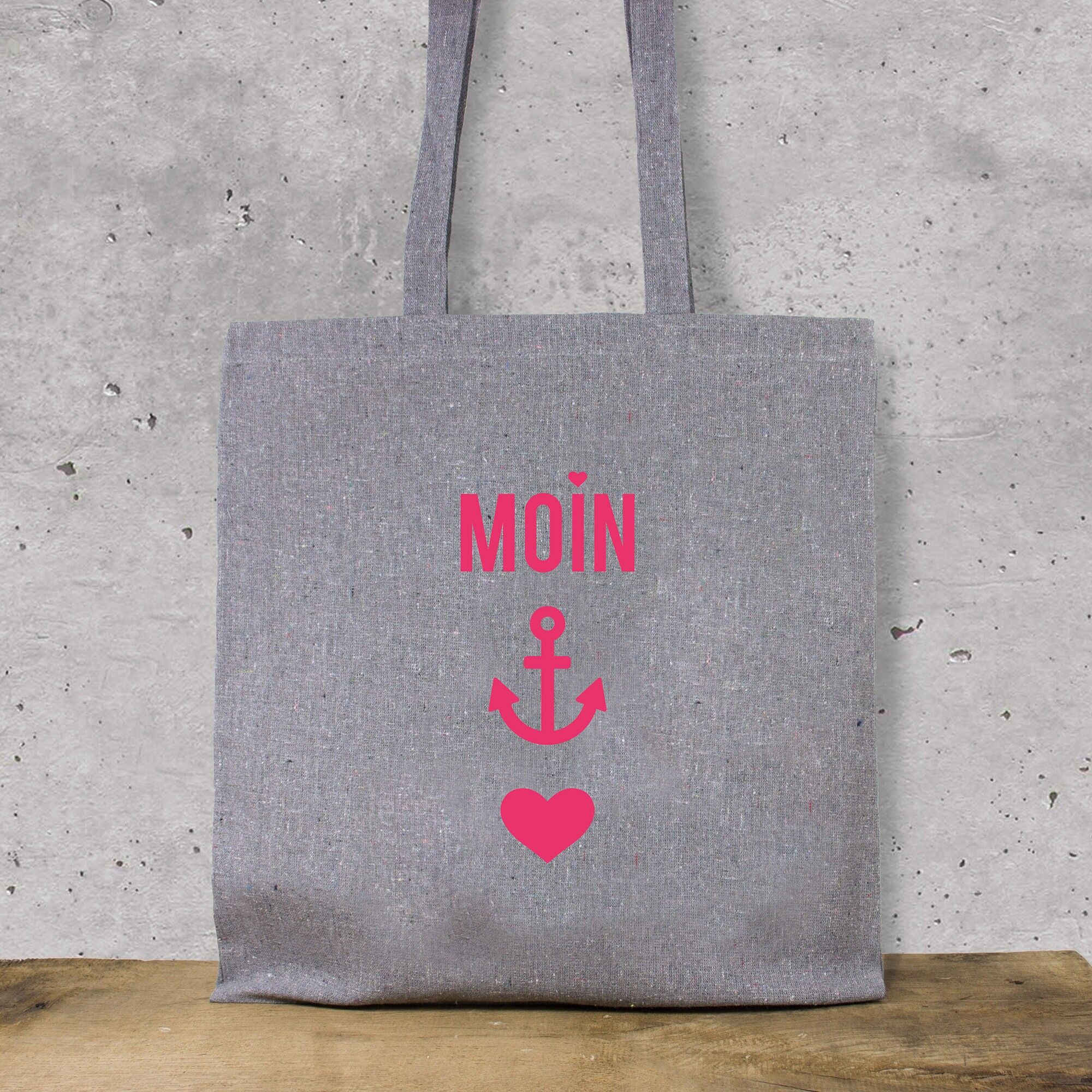 Baumwollbeutel "Moin-Anker-Herz" (Neon-Pink) aus recycelter Baumwolle