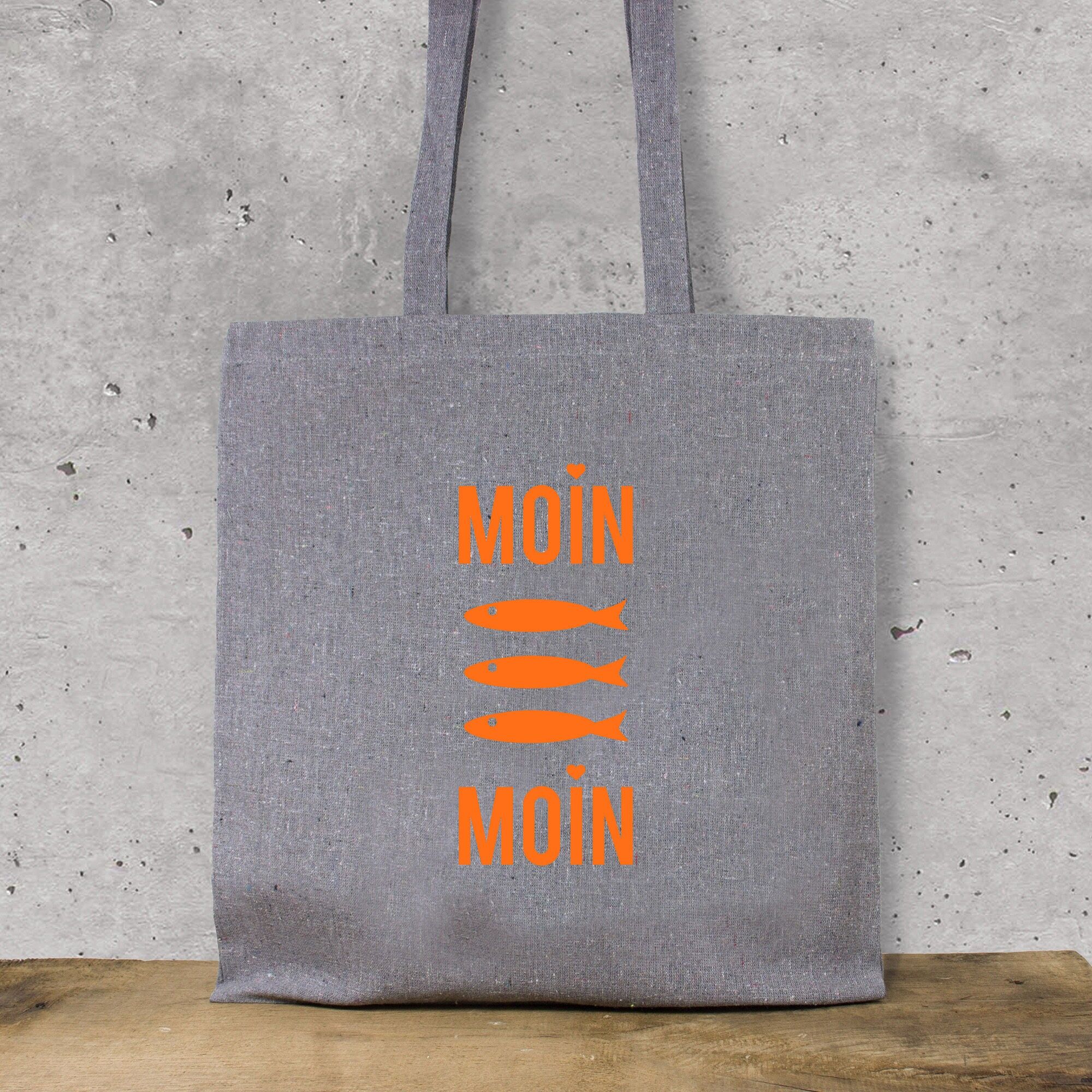 Baumwollbeutel "Moin Moin Fische" (Neon-Orange) aus recycelter Baumwolle