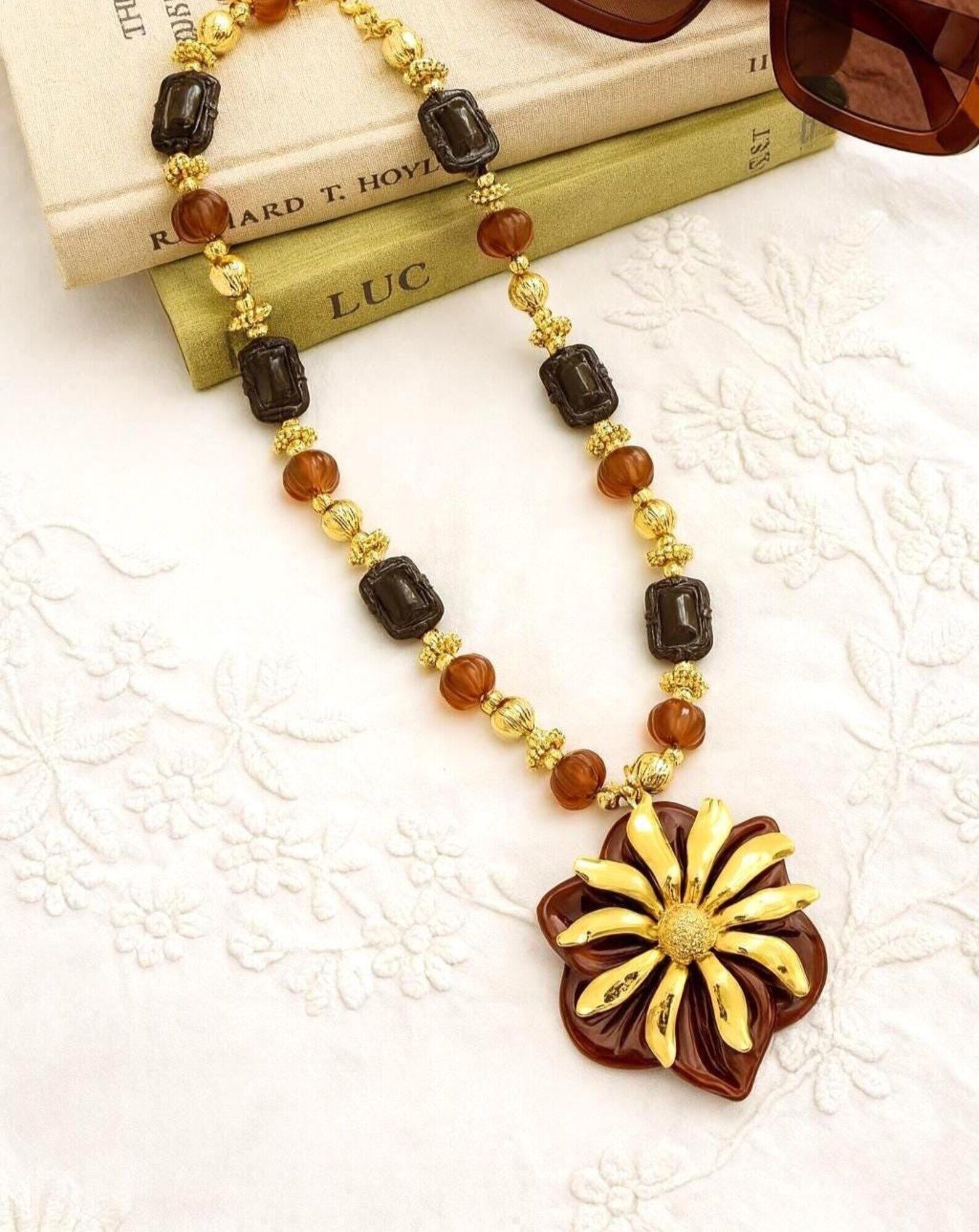 Flower Pendant Necklace, Retro 70s and 80s Style