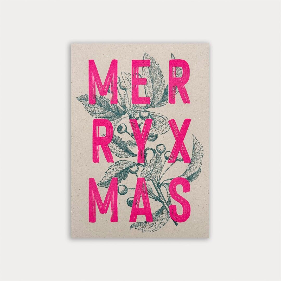 Carte postale / Typographie / Joyeux Noël / Rose et turquoise