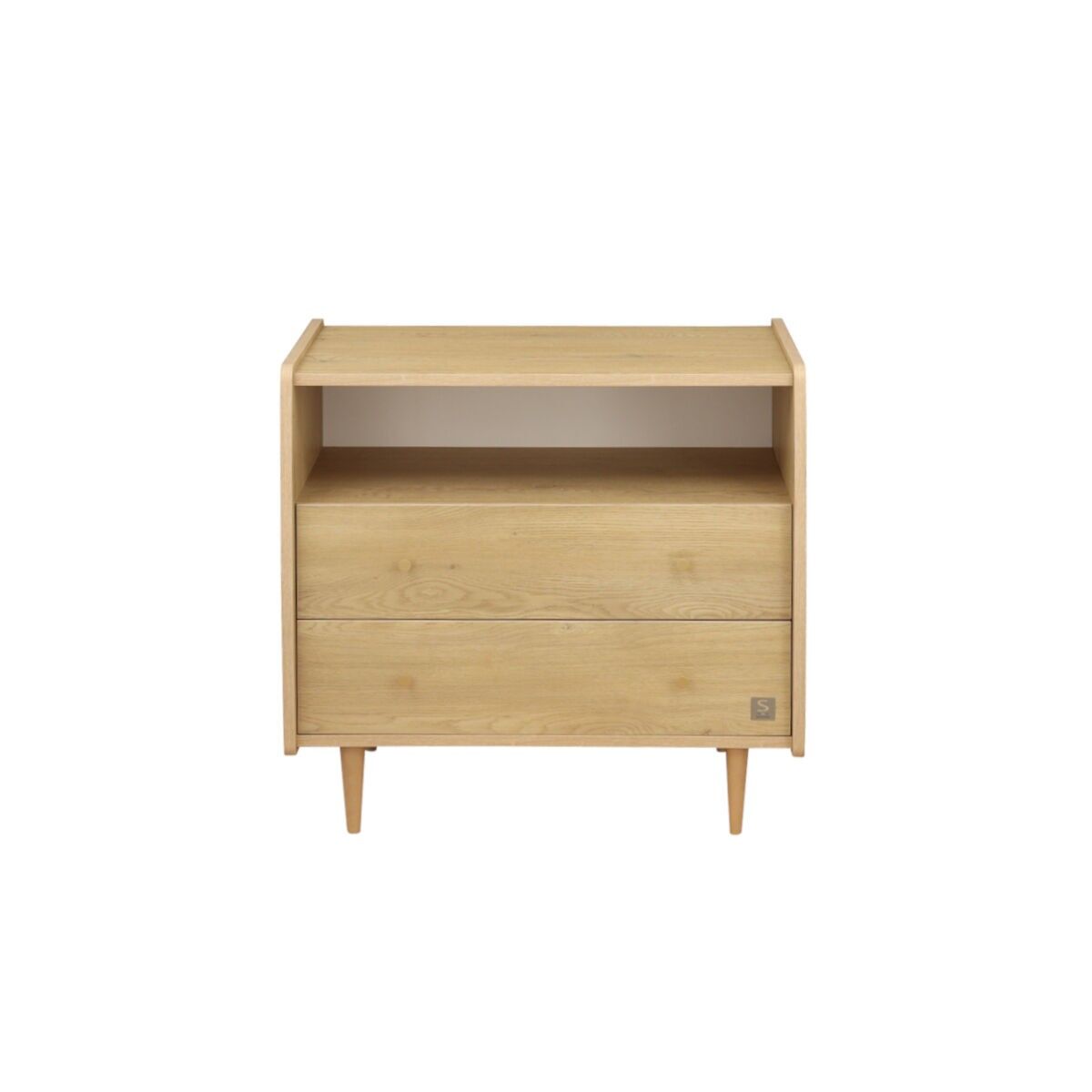 Chest of drawers with 2 drawers and 1 niche, vintage oak finish, gold handles