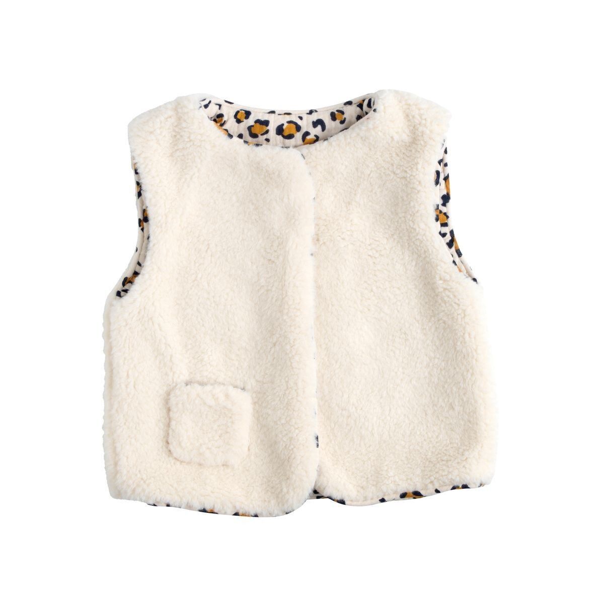 Gilet sans manche bébé en sherpa et intérieur gaze de coton léopard