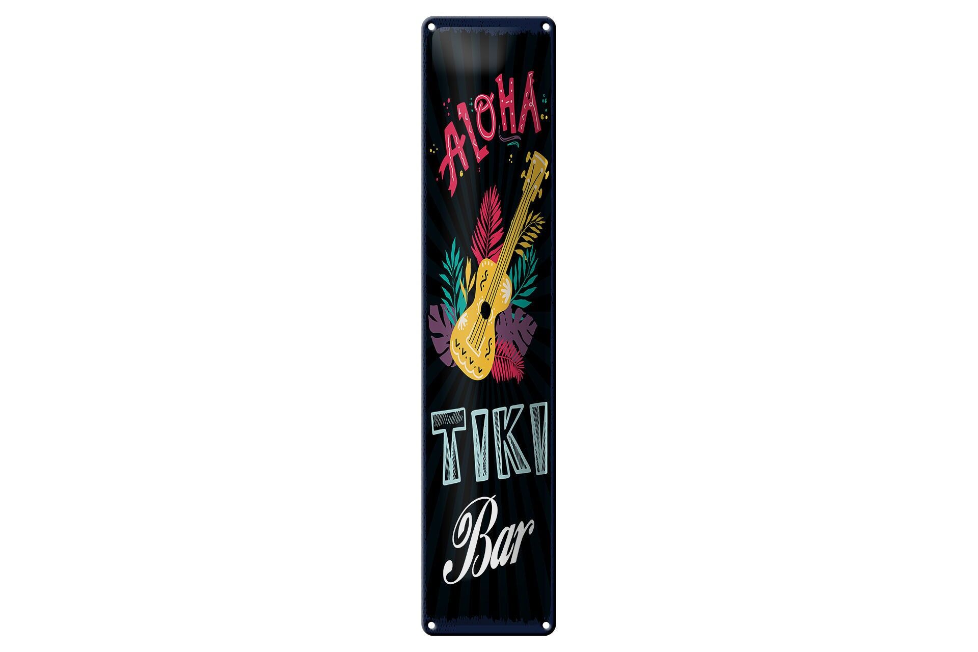 Insegna in metallo, 46x10 cm, Aloha Tiki Bar, Insegna decorativa a forma di chitarra