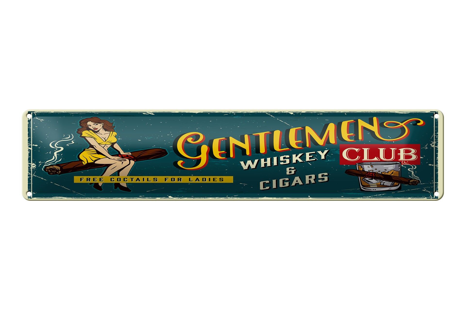 Insegna in metallo con scritta, 46x10 cm, Gentlemen's whiskey and cigars club, insegna decorativa