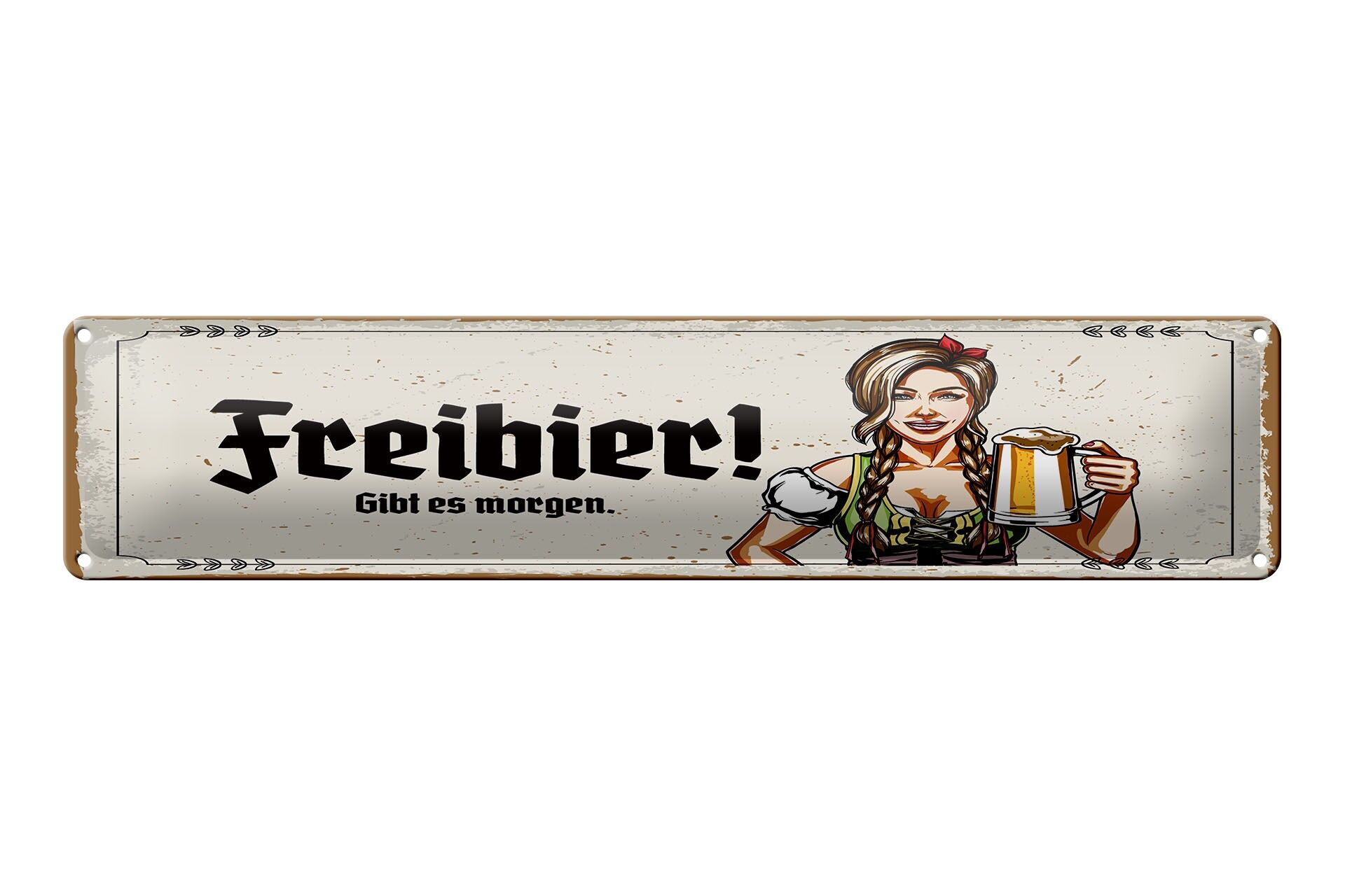 Cartello in metallo con scritta "Birra gratis domani" 46x10 cm, cartello decorativo bianco