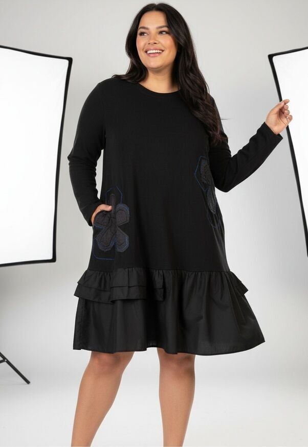 Robe grande taille avec volants molletonnée bleu (C6617)