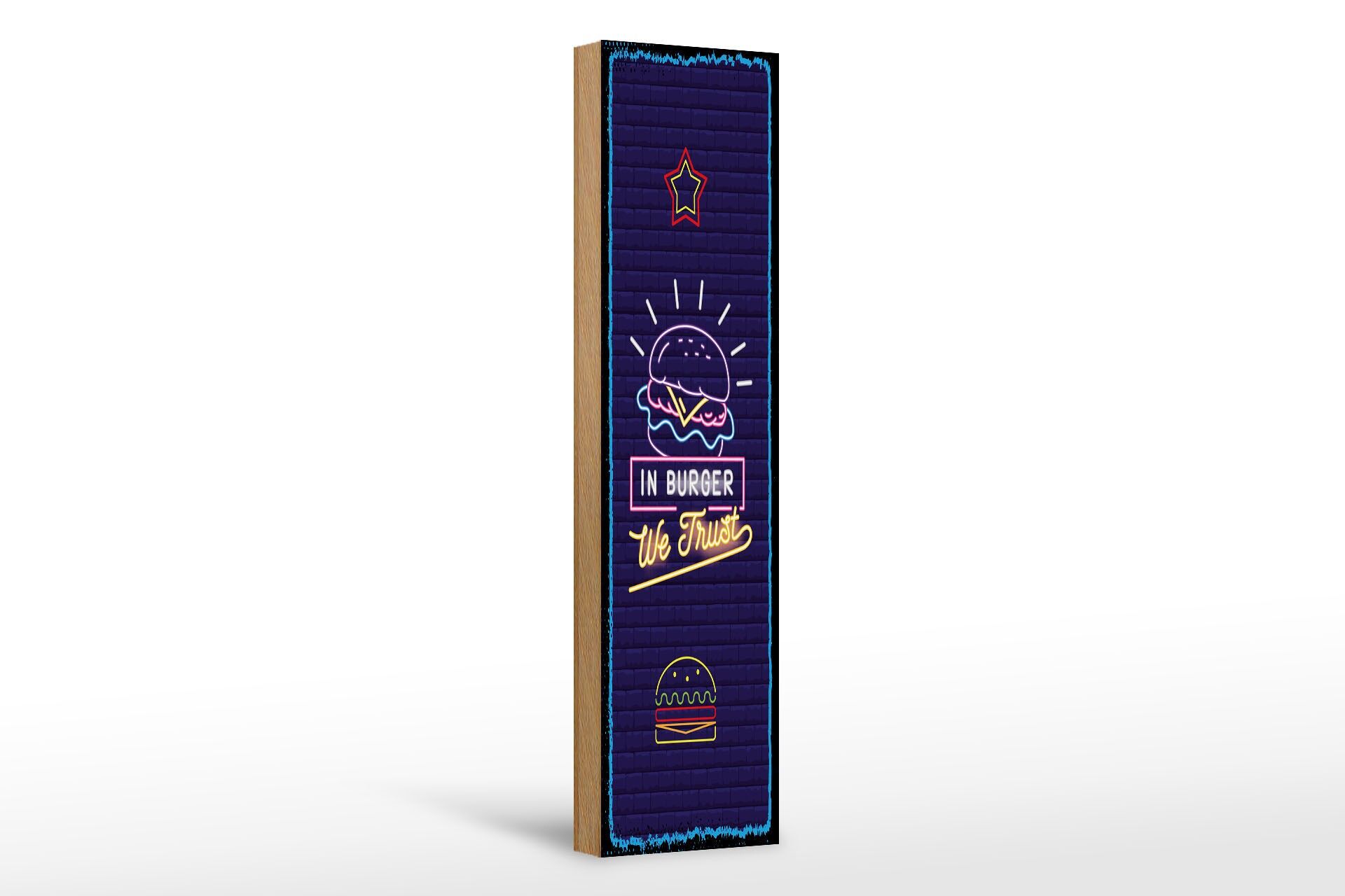 Holzschild Spruch 46x10 cm In Burger we trust Deko Schild