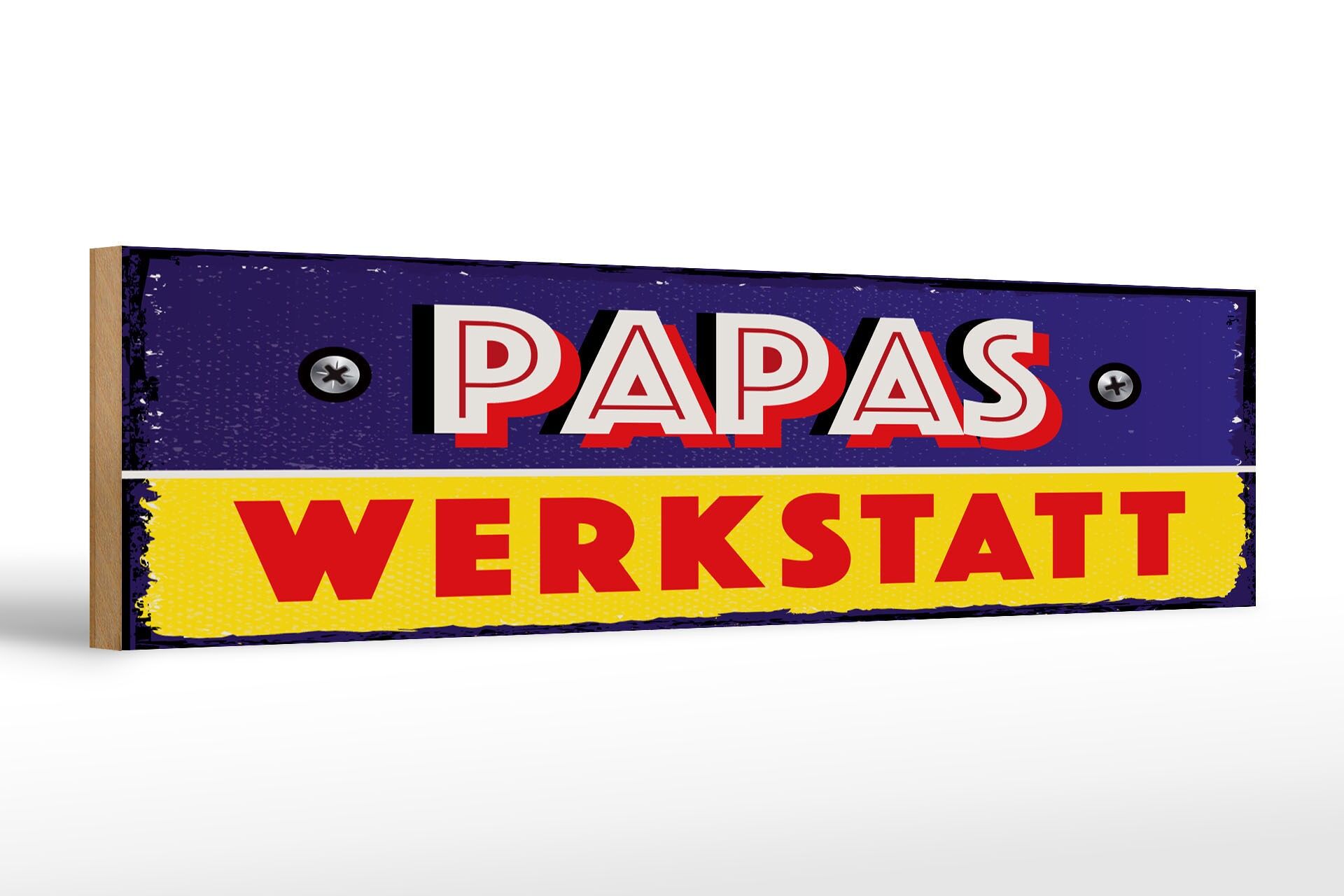 Holzschild Hinweis 46x10 cm Papas Werkstatt blaues Deko Schild