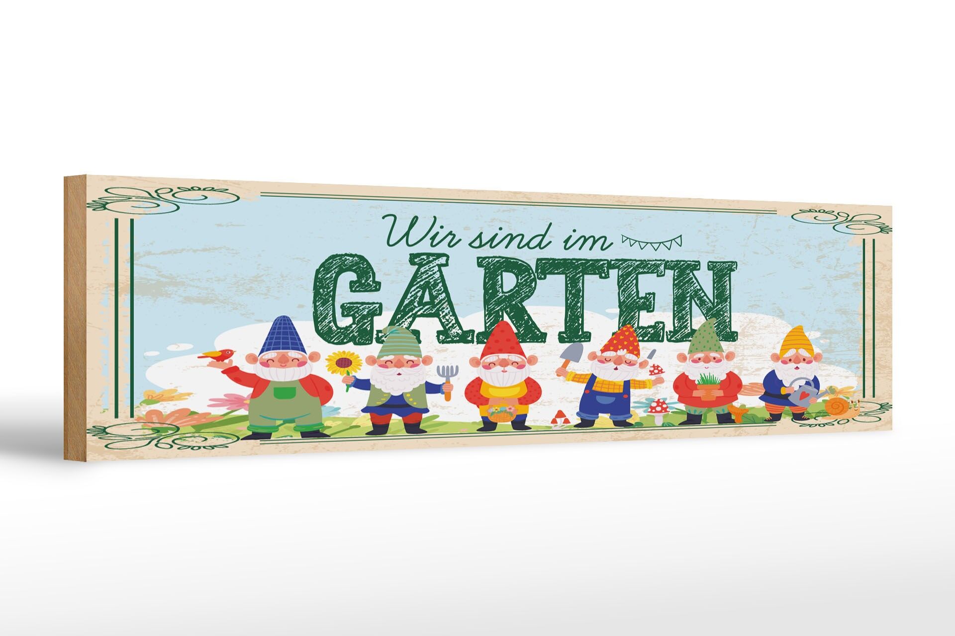 Holzschild Hinweis 46x10 cm Wir sind im Garten Gartenzwerge Deko Schild
