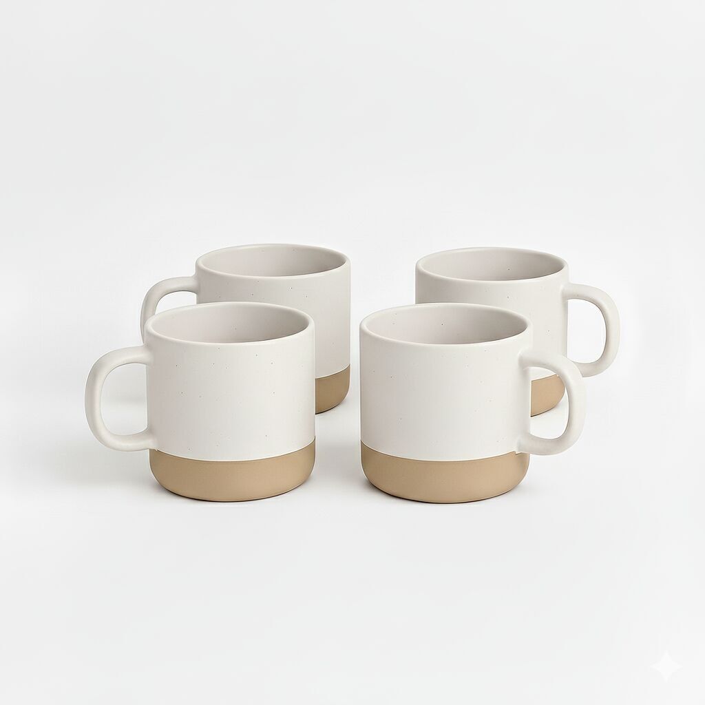 Taza de café de cerámica blanca moteada de gres, 355 ml, paquete de 4