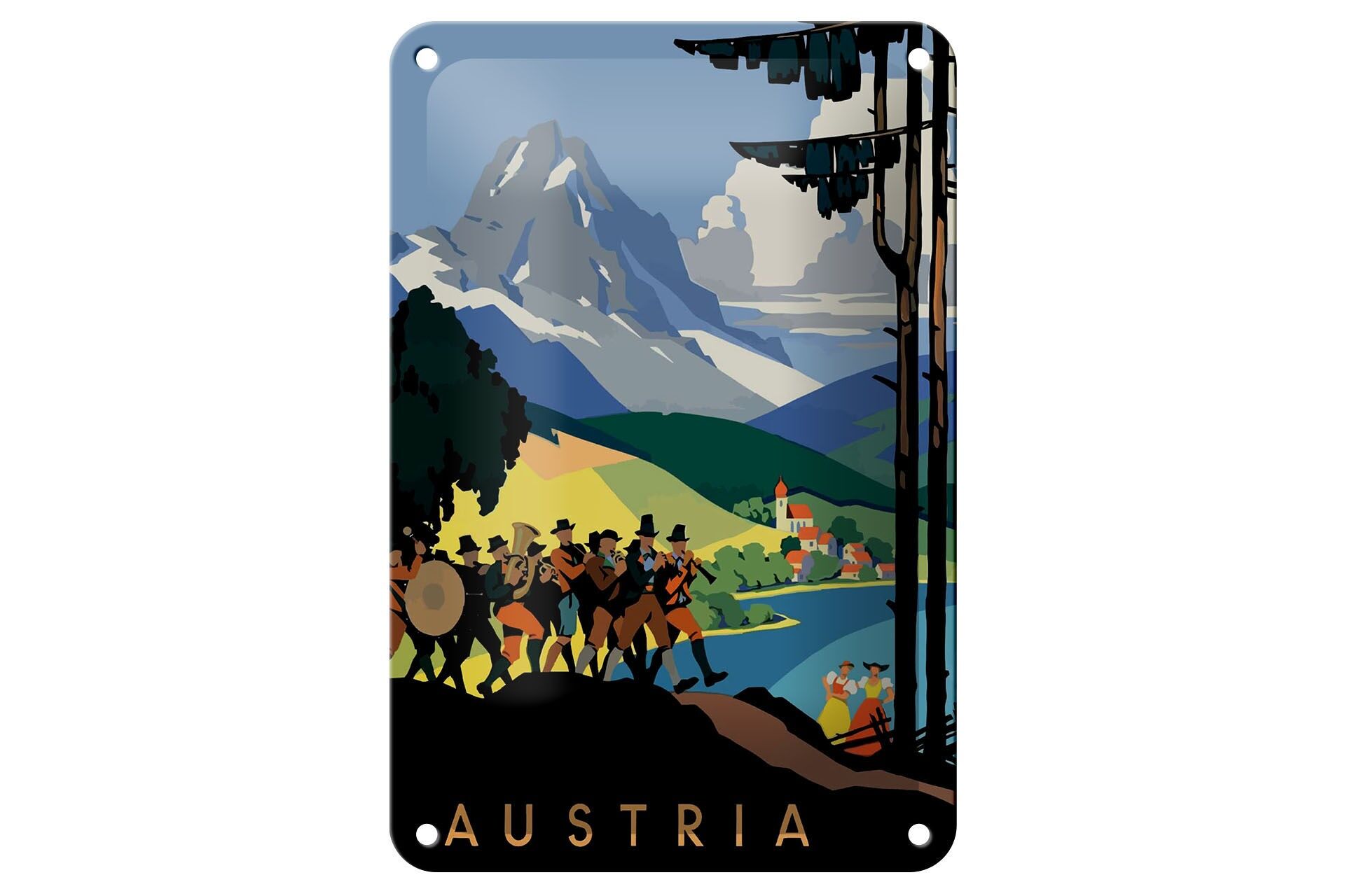Blechschild Reise 12x18 cm Österreich Austria Berge Blasmusiker Deko Schild